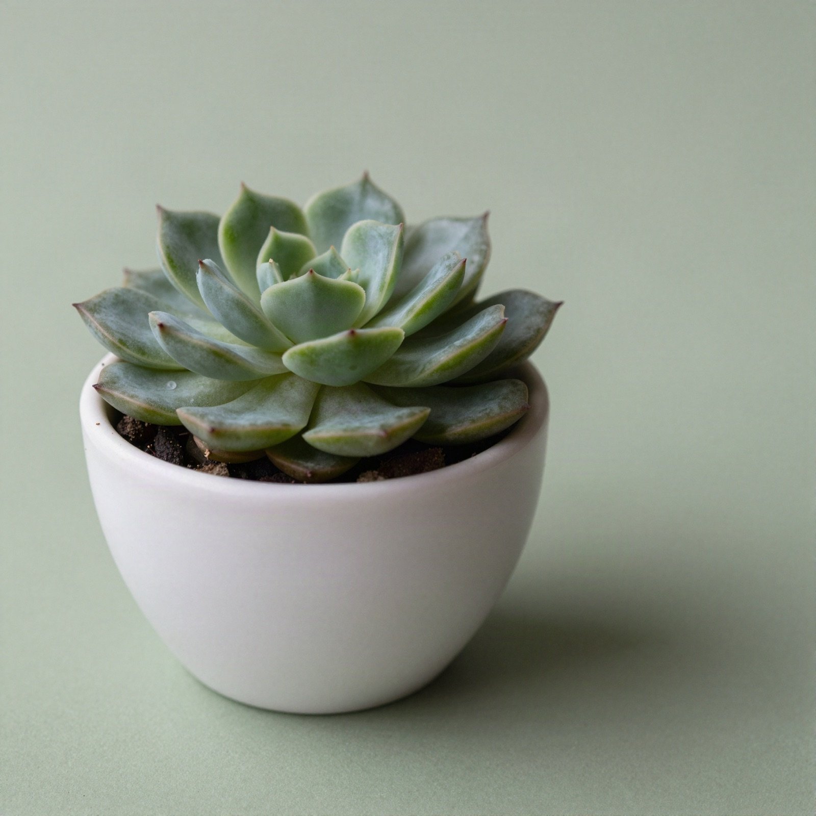 A blue-green rosette succulent in a small white pot