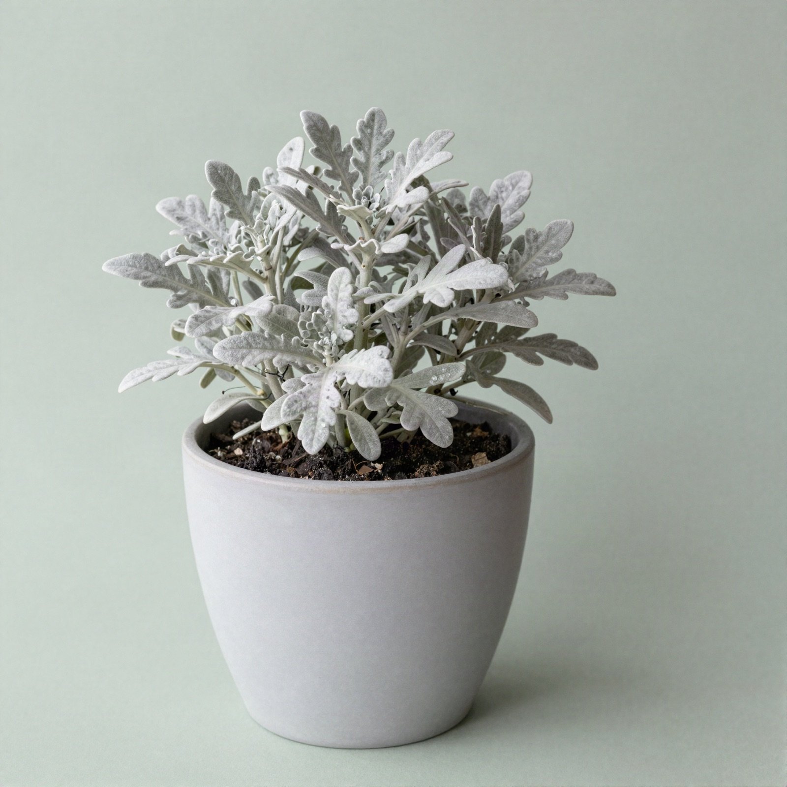 A silver-leaved dusty miller plant in a pale grey pot