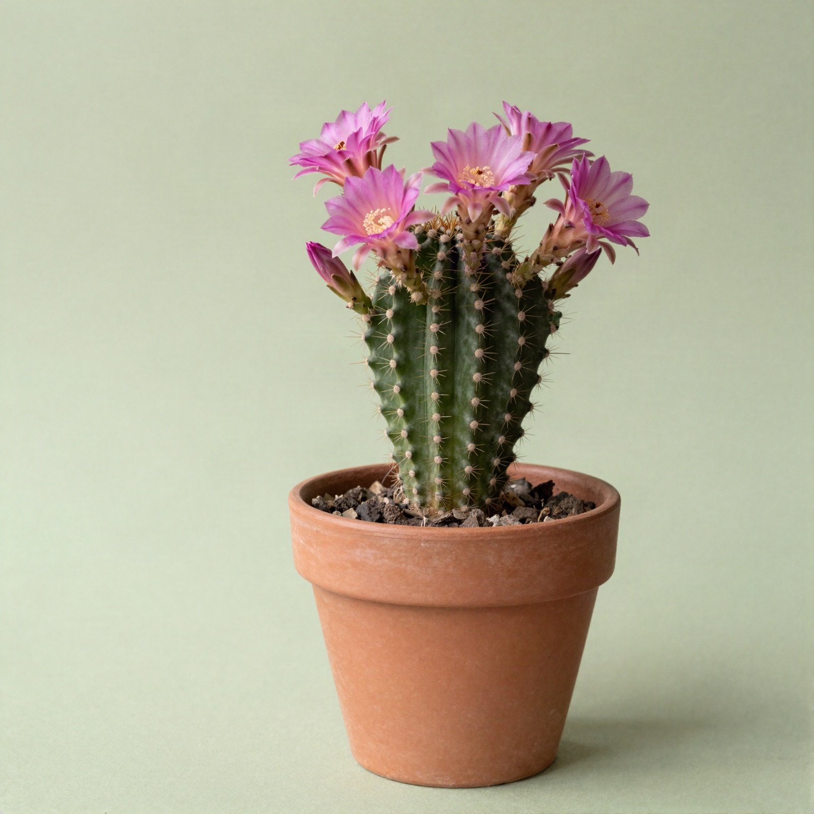A small cactus with pink flowers in a terracotta pot