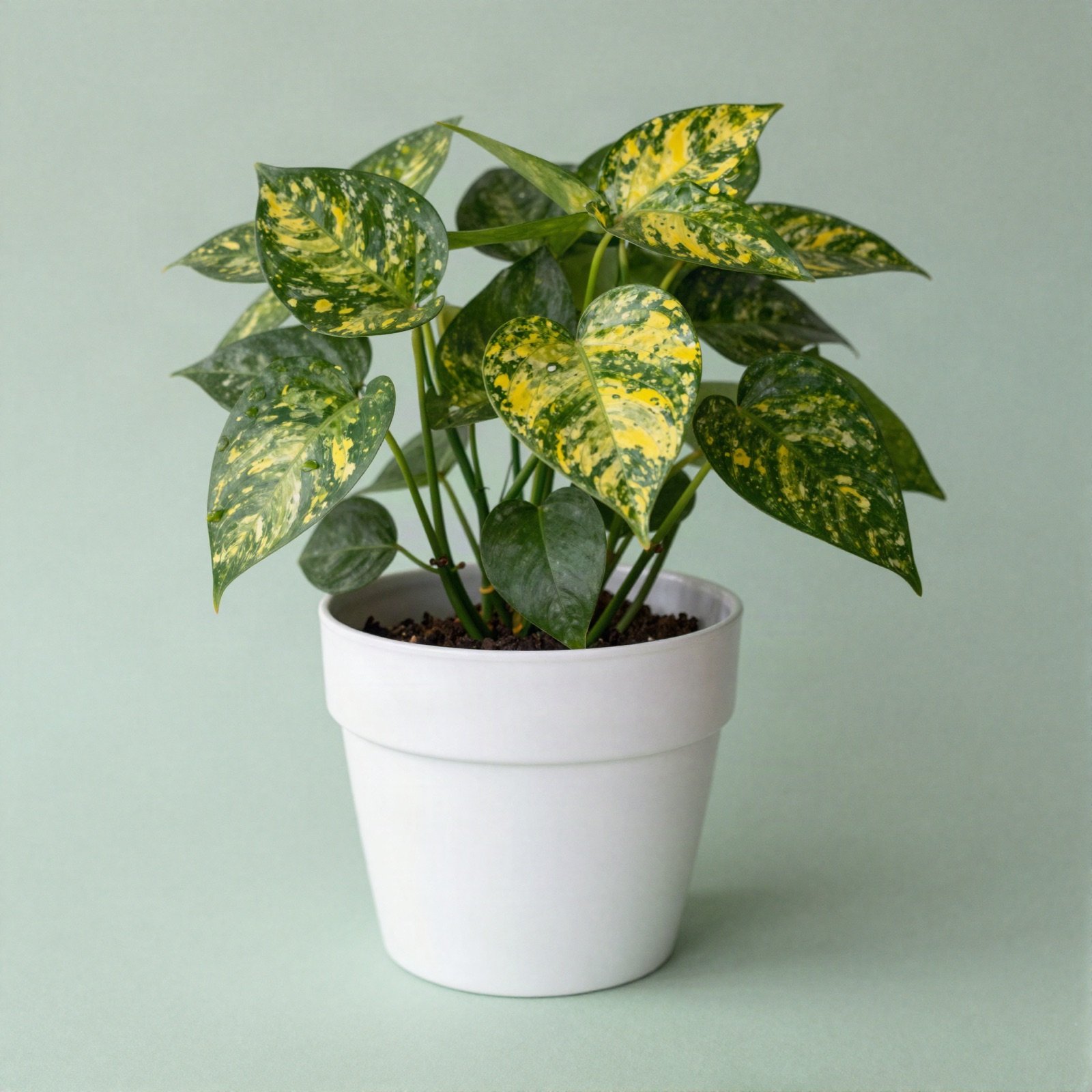 A golden pothos with yellow-variegated heart-shaped leaves in a white pot
