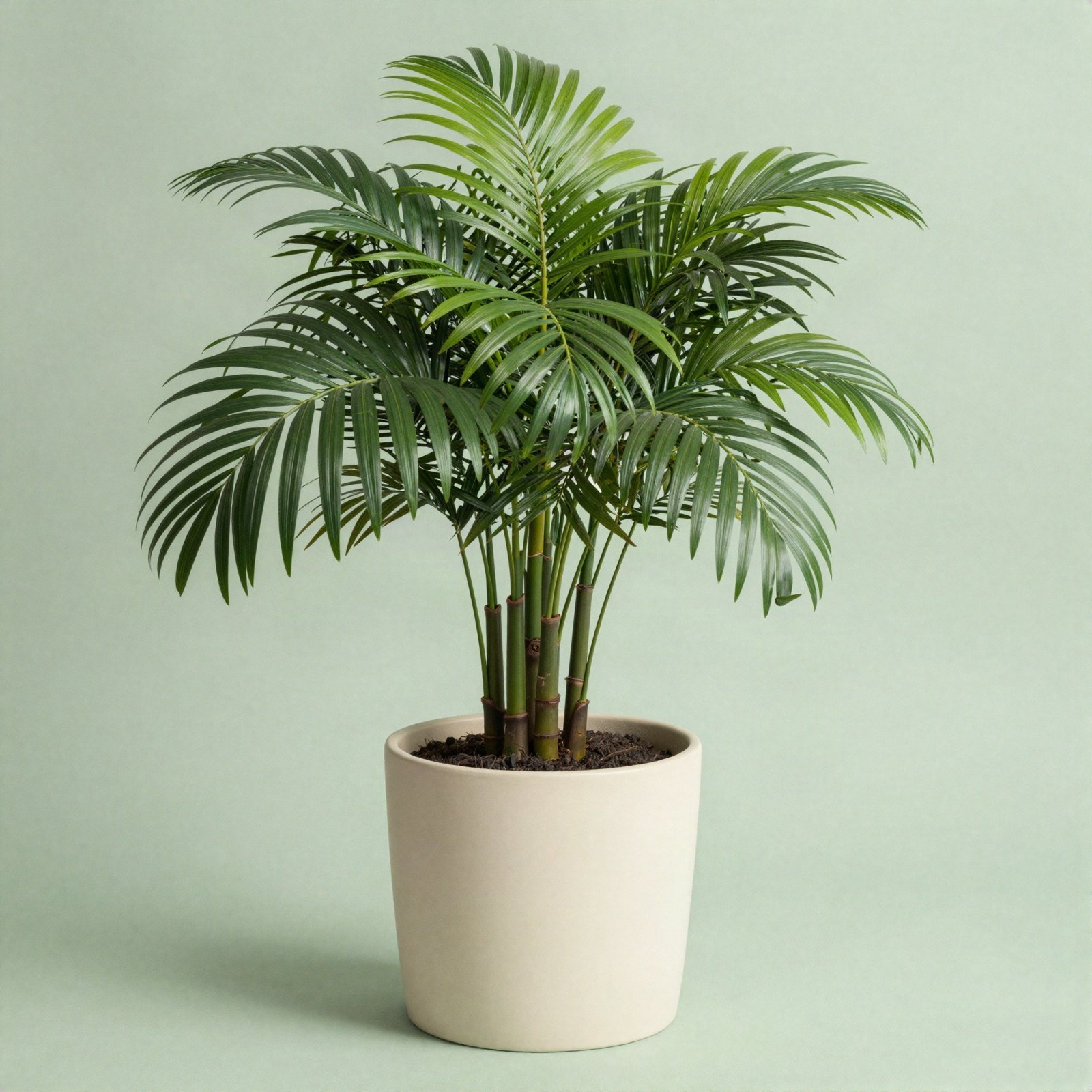 A leafy areca palm in a cream ceramic pot