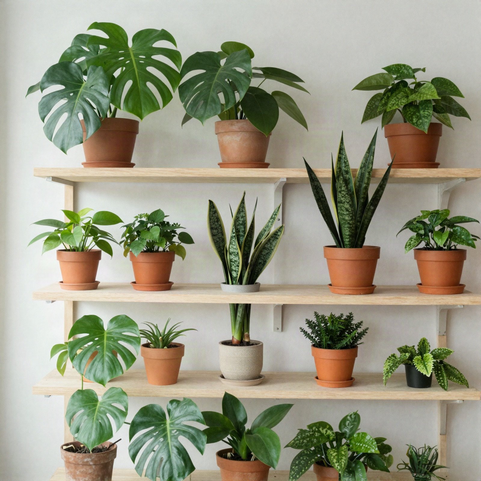 Shelves of potted monstera, pothos and snake plants