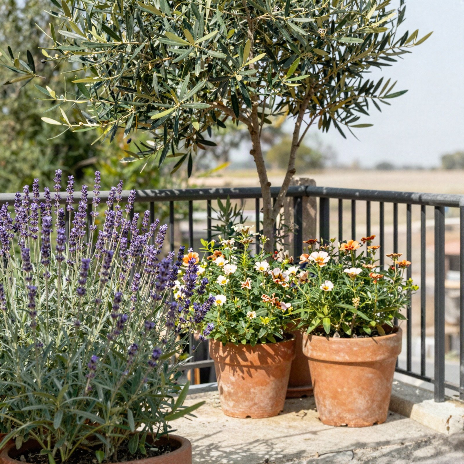 Lavender, an olive tree and flowering plants in terracotta pots on a sunny balcony