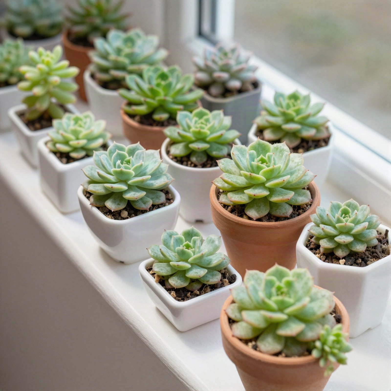 Small succulents in white and terracotta pots on a windowsill