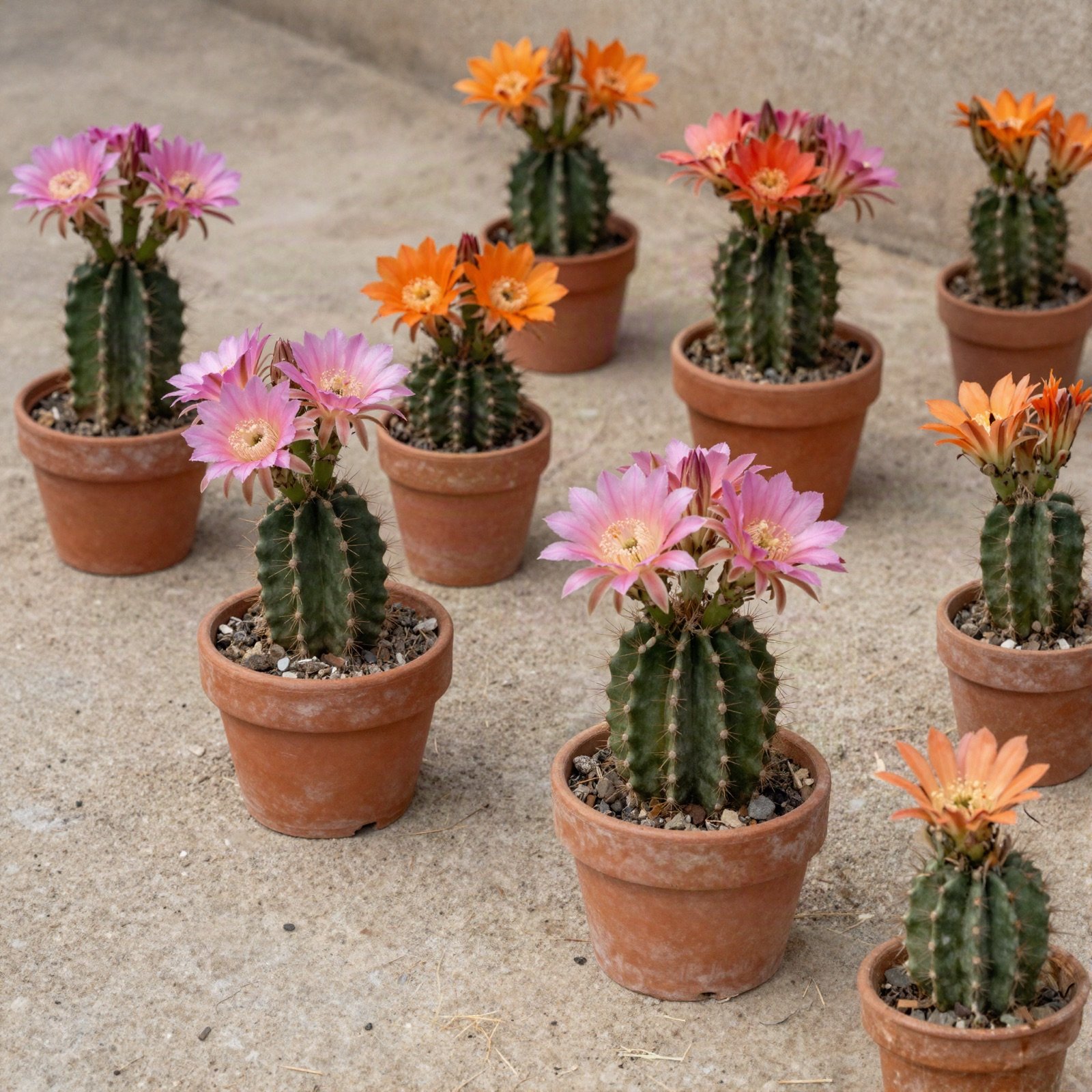Flowering cacti with pink and orange blooms in terracotta pots