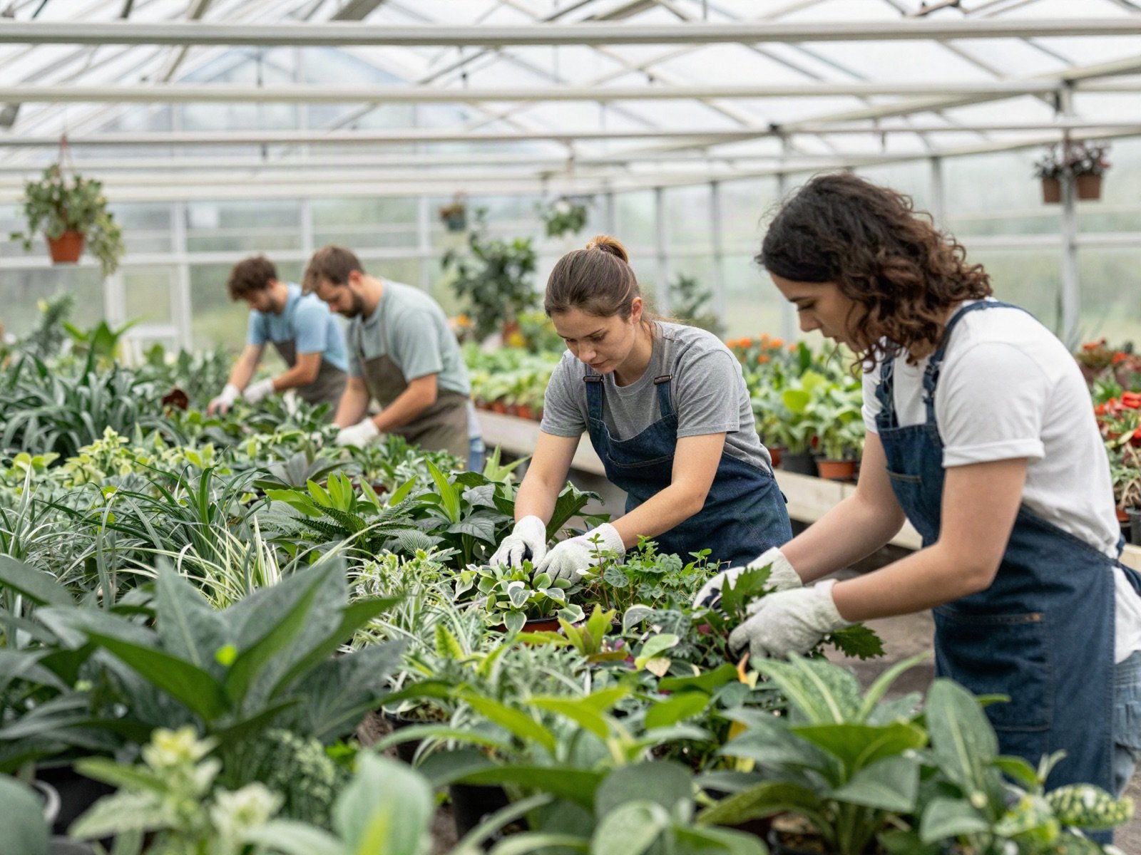 Gardeners tending potted plants in a bright greenhouse