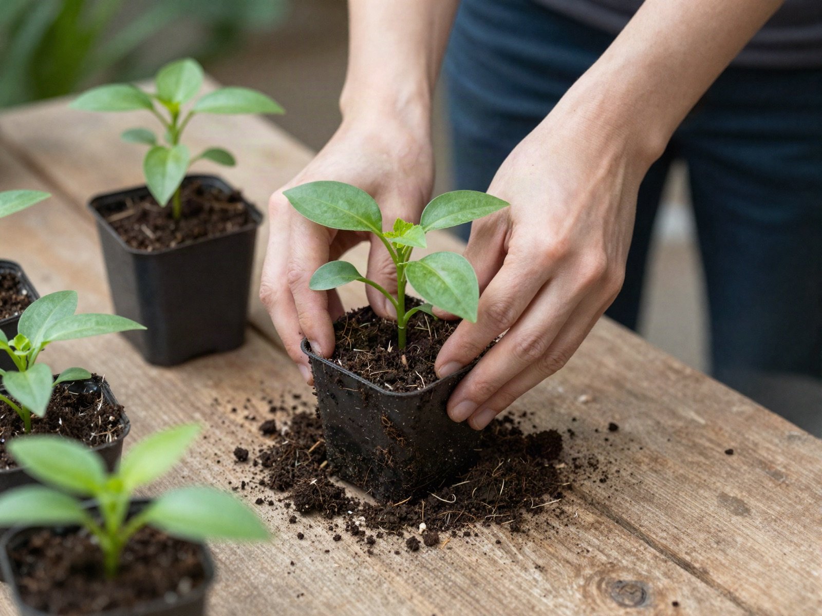 Hands repotting a young plant on a wooden bench