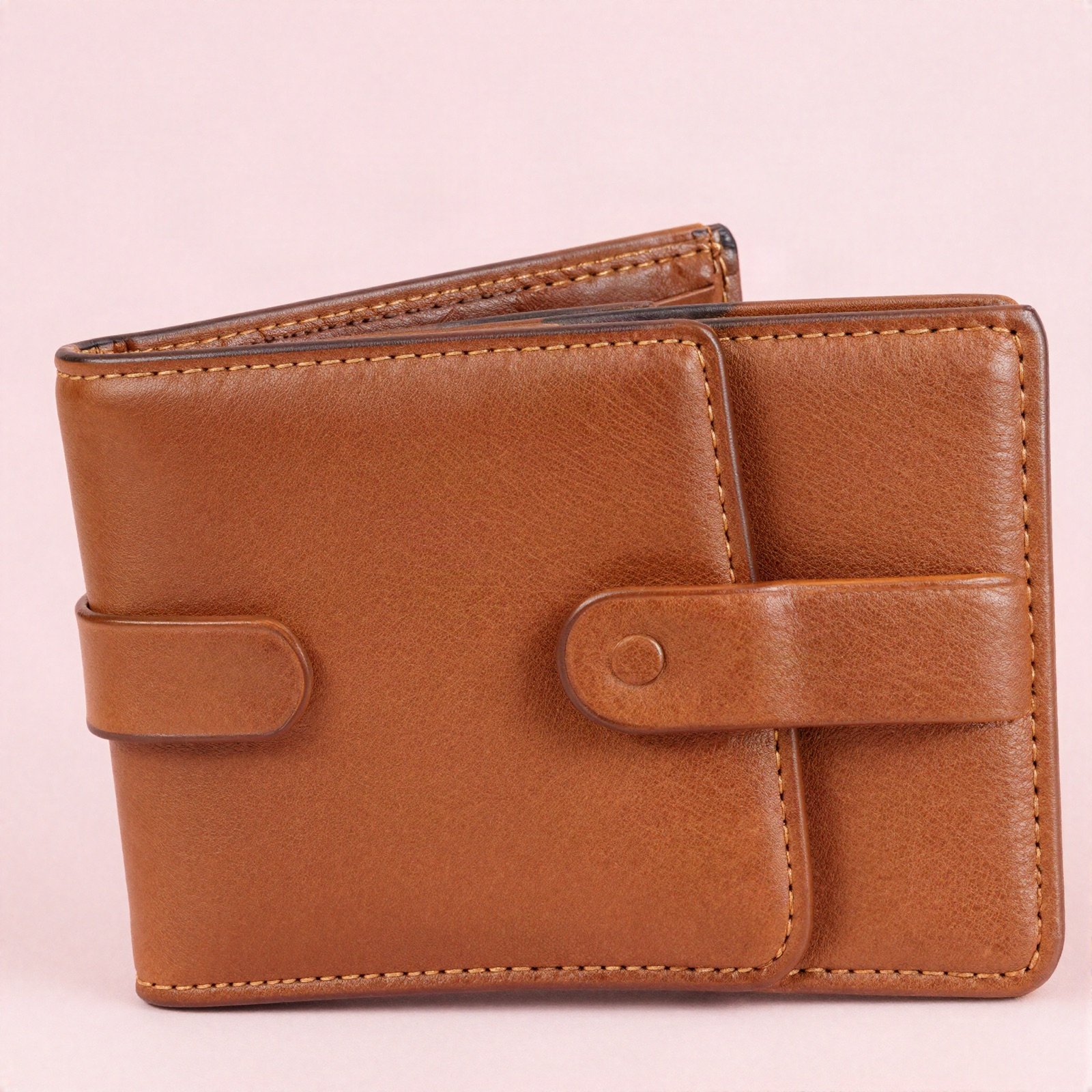 A tan brown leather wallet with a snap strap