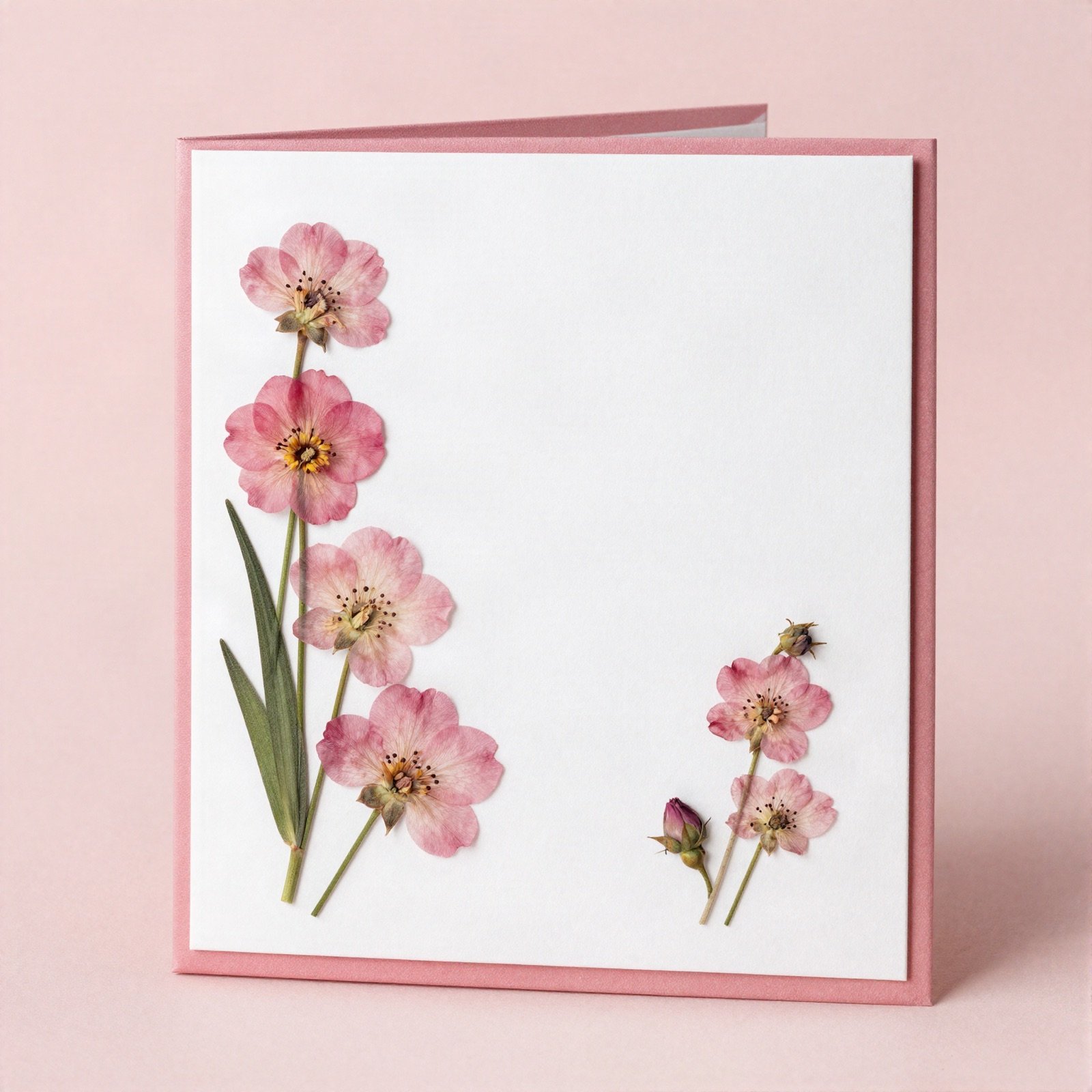 Handmade card with pressed pink flowers