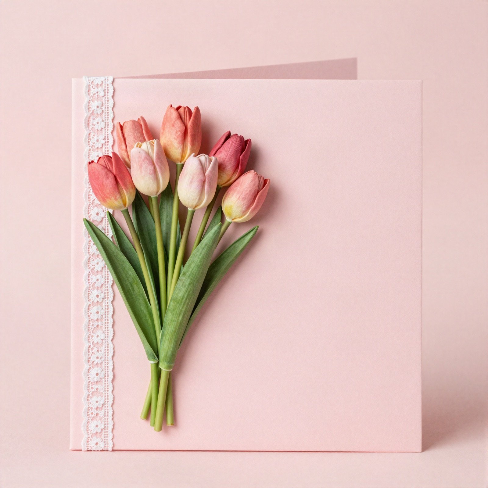Handmade card with a tulip bouquet and lace
