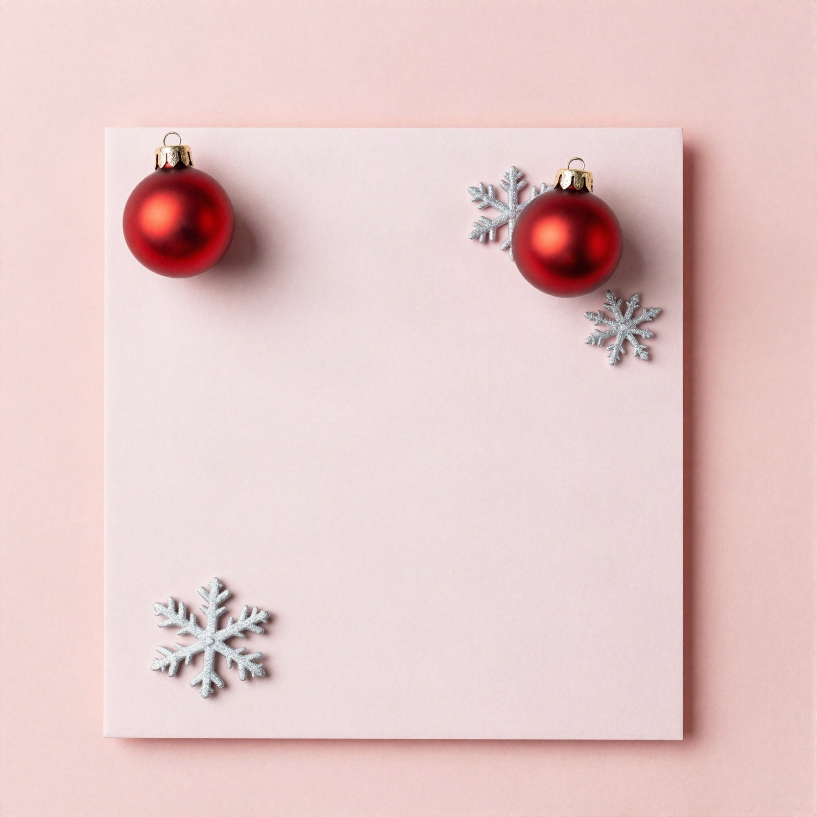Handmade Christmas card with red baubles and snowflakes