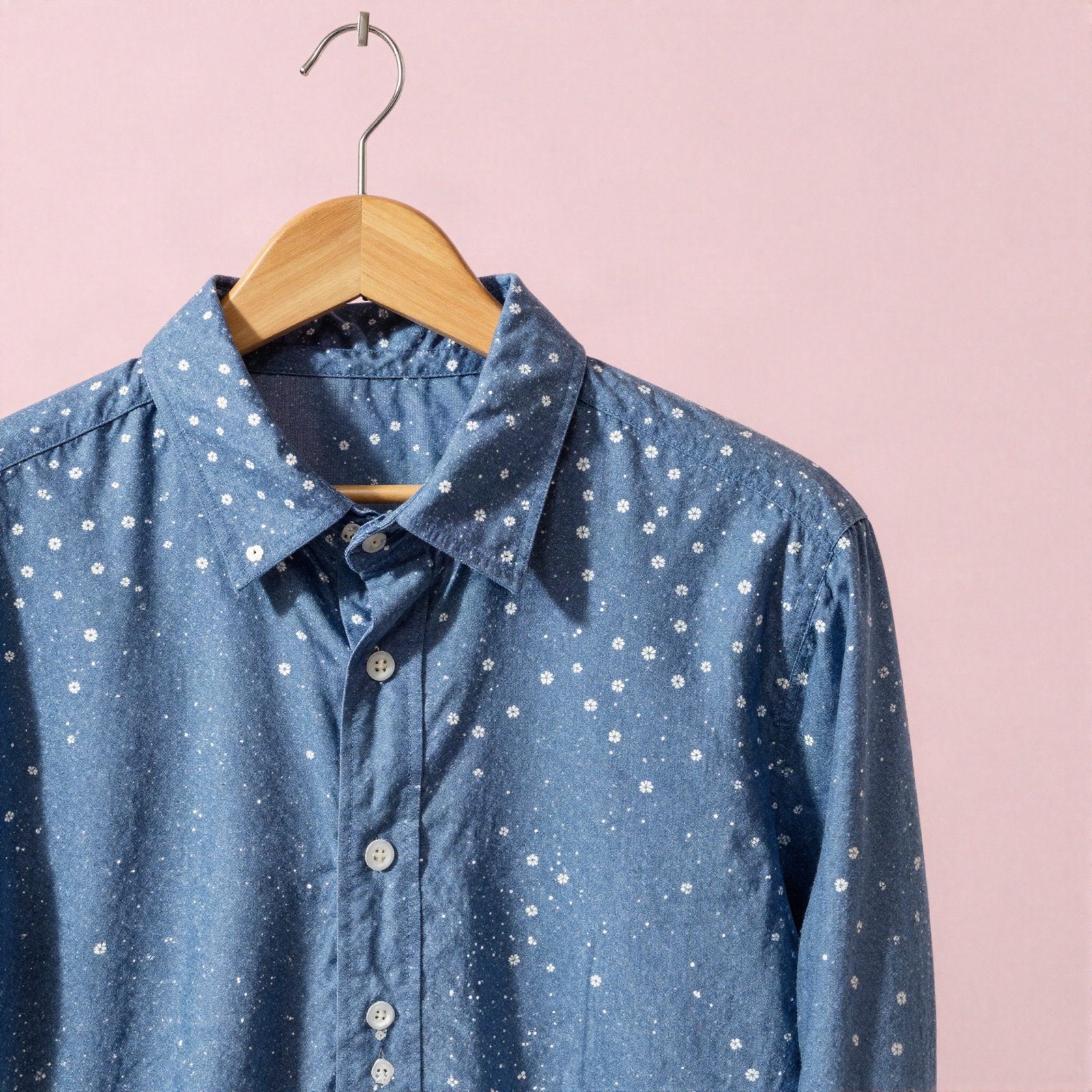 Blue shirt with a small white floral print on a hanger