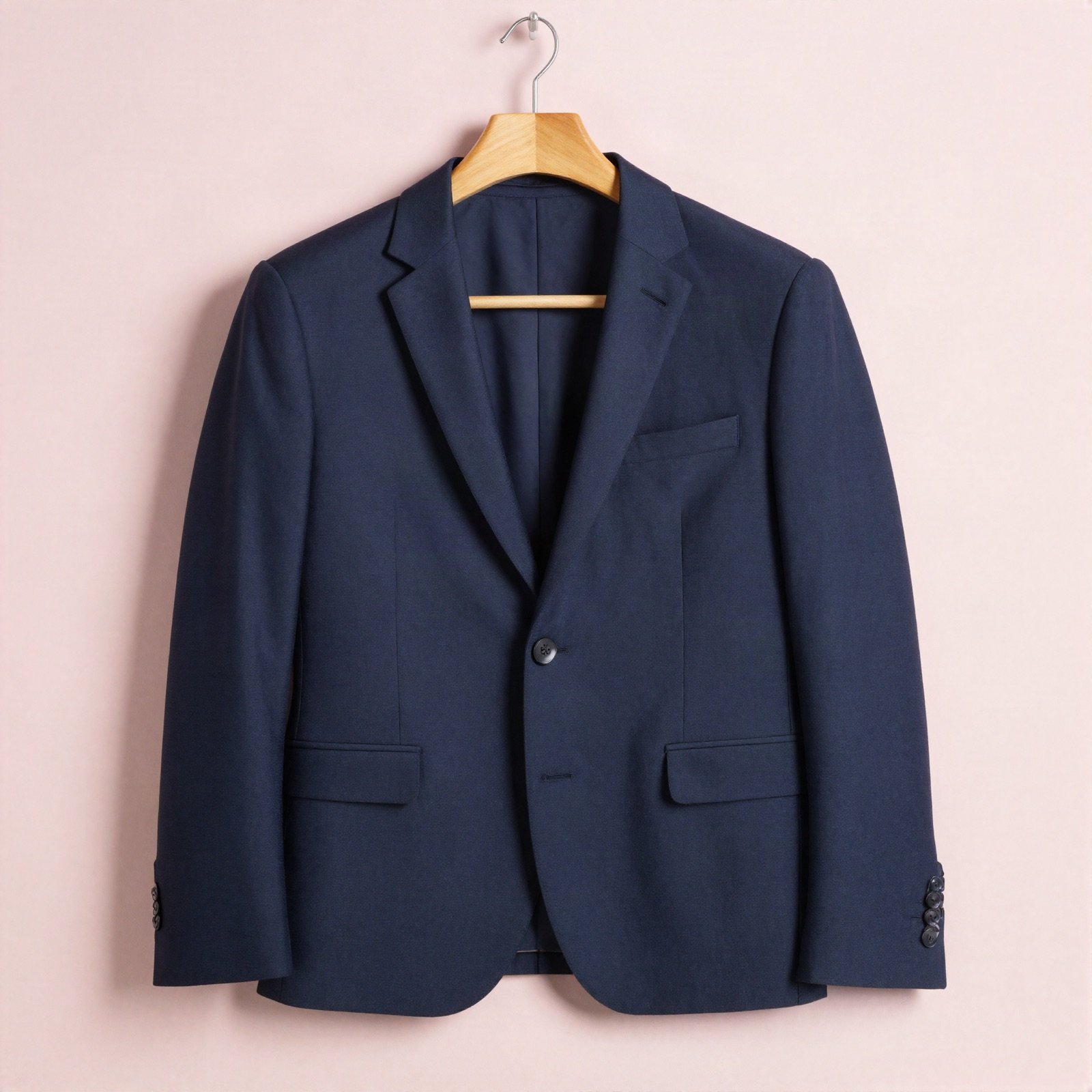 Navy skinny fit suit jacket on a hanger