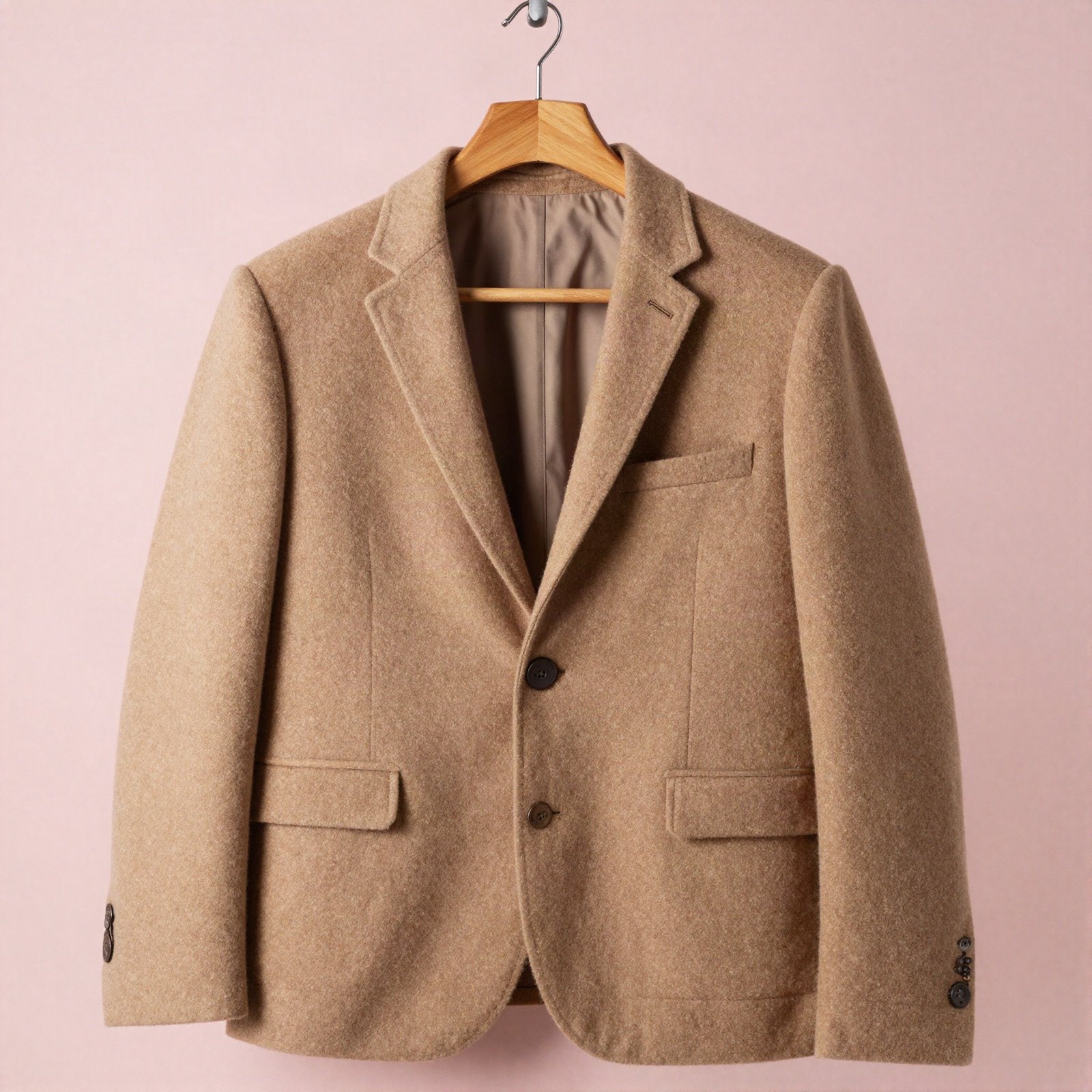Camel suit jacket on a hanger