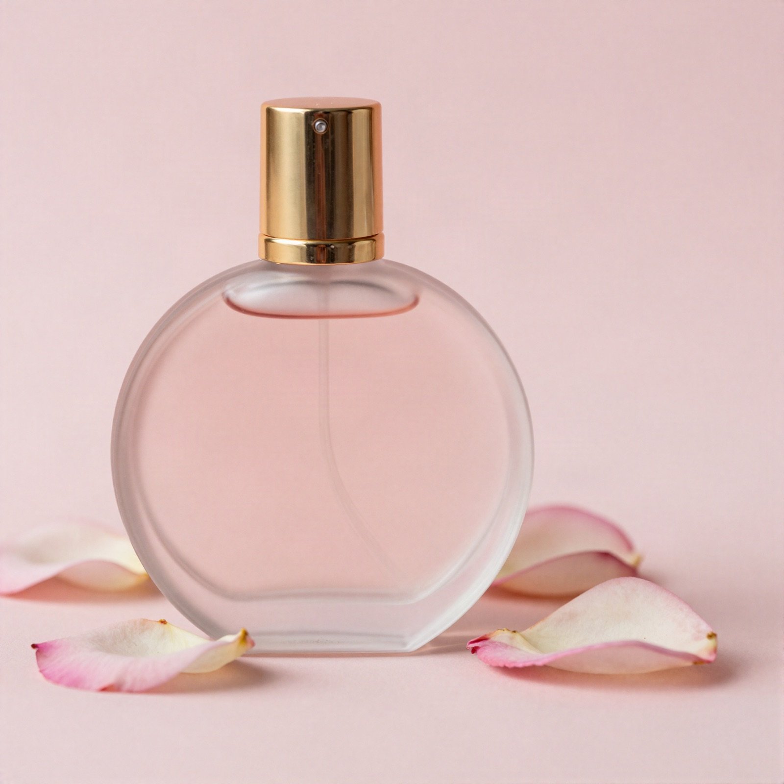 Round glass perfume bottle with a gold cap and rose petals