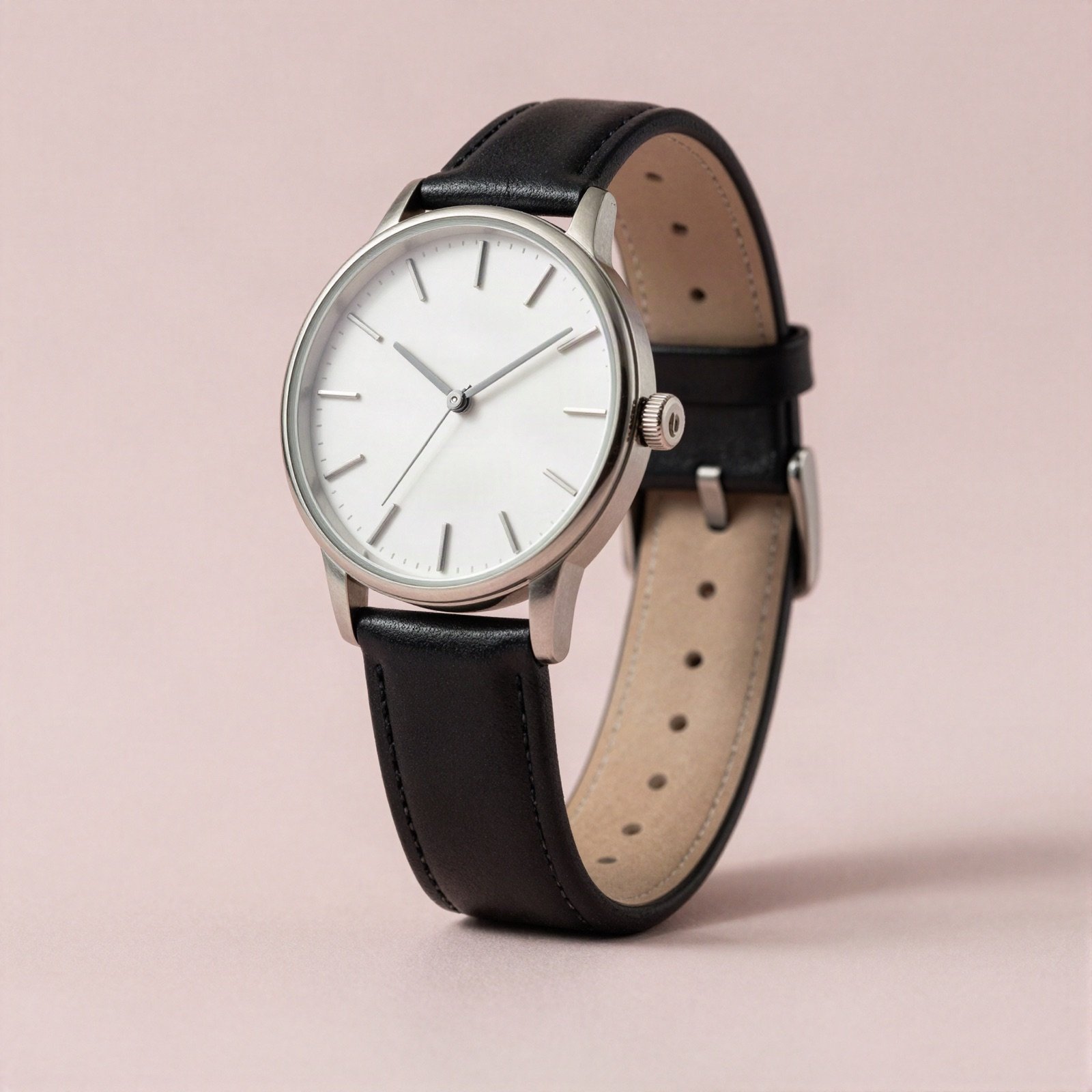 Wristwatch with a white dial and black leather strap