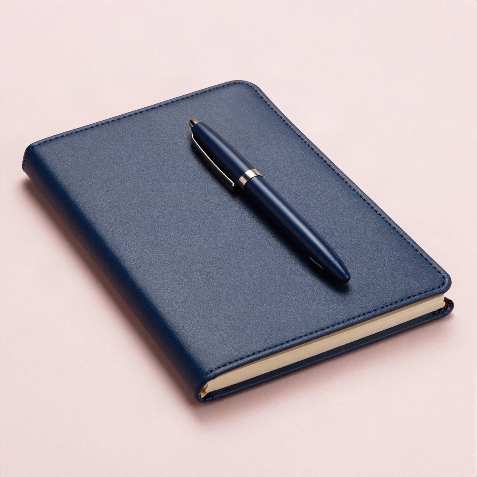 Navy leather notebook with a matching pen