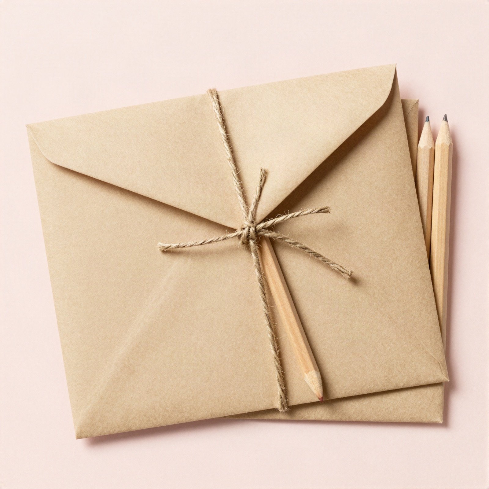 Kraft envelopes tied with twine and wooden pencils