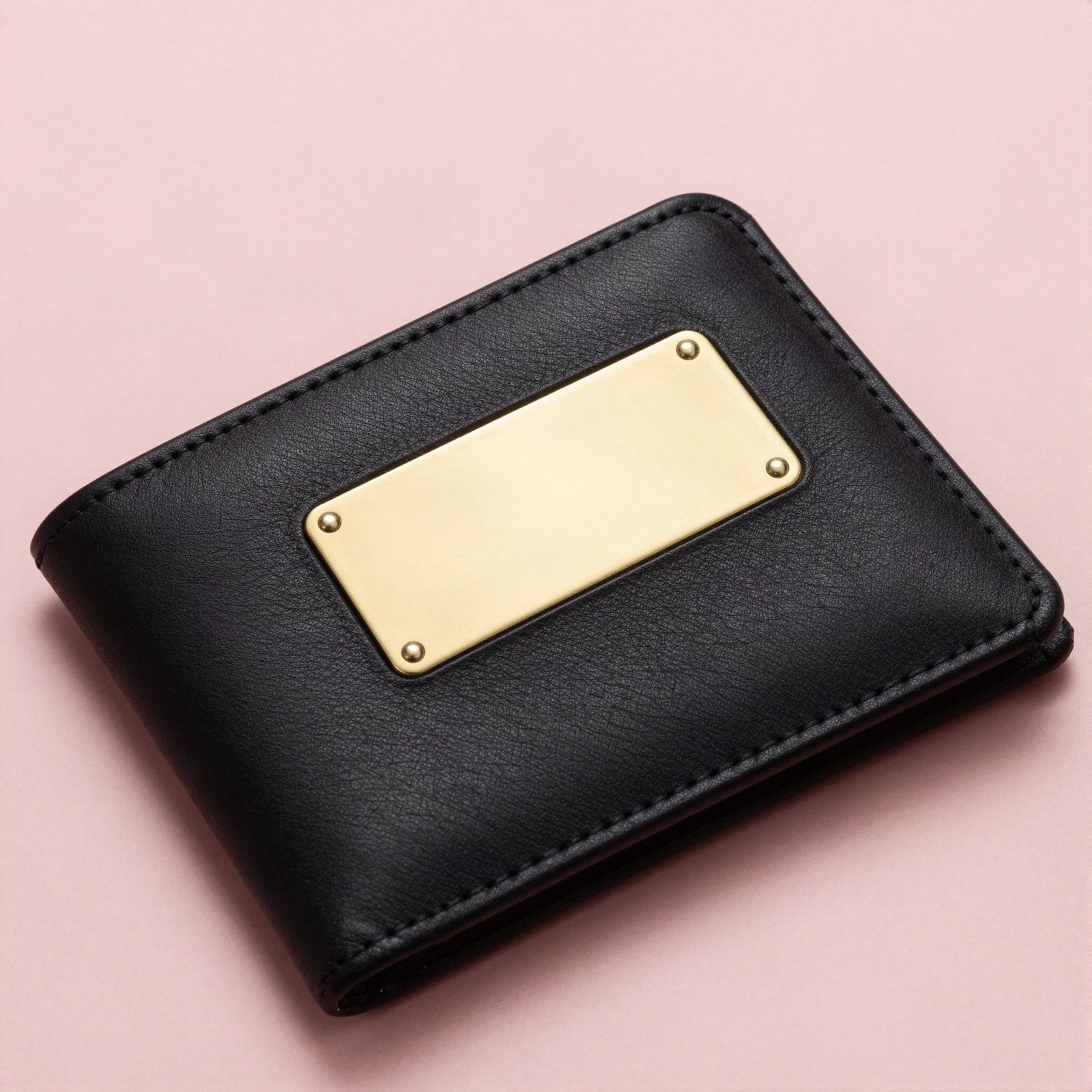 Black leather wallet with a blank brass name plate