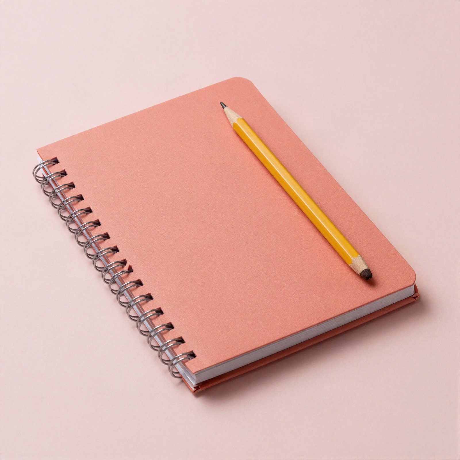 Coral spiral notebook with a yellow pencil