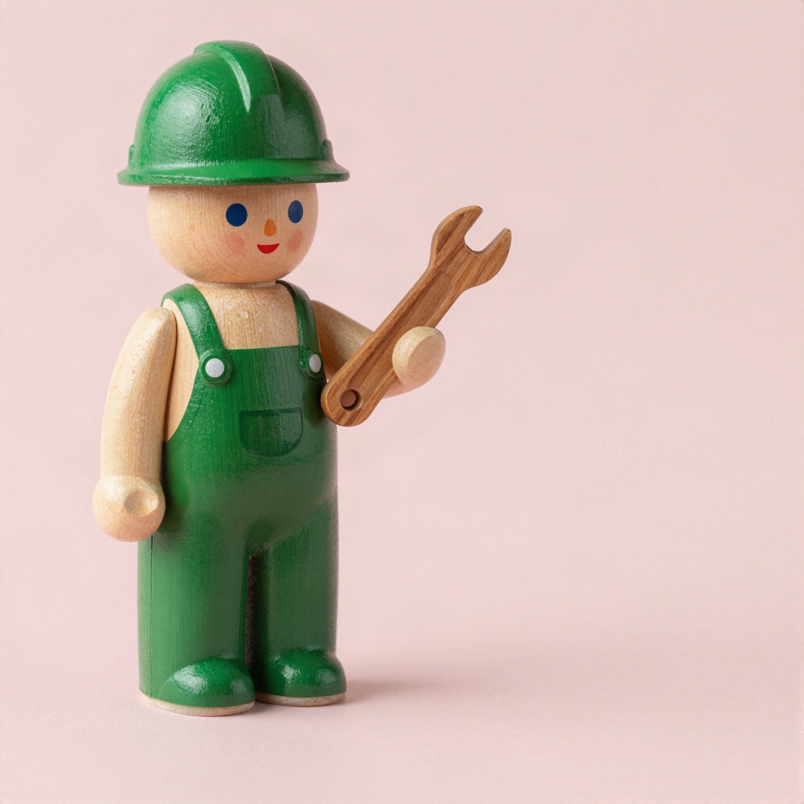 Wooden peg doll handyman in green overalls