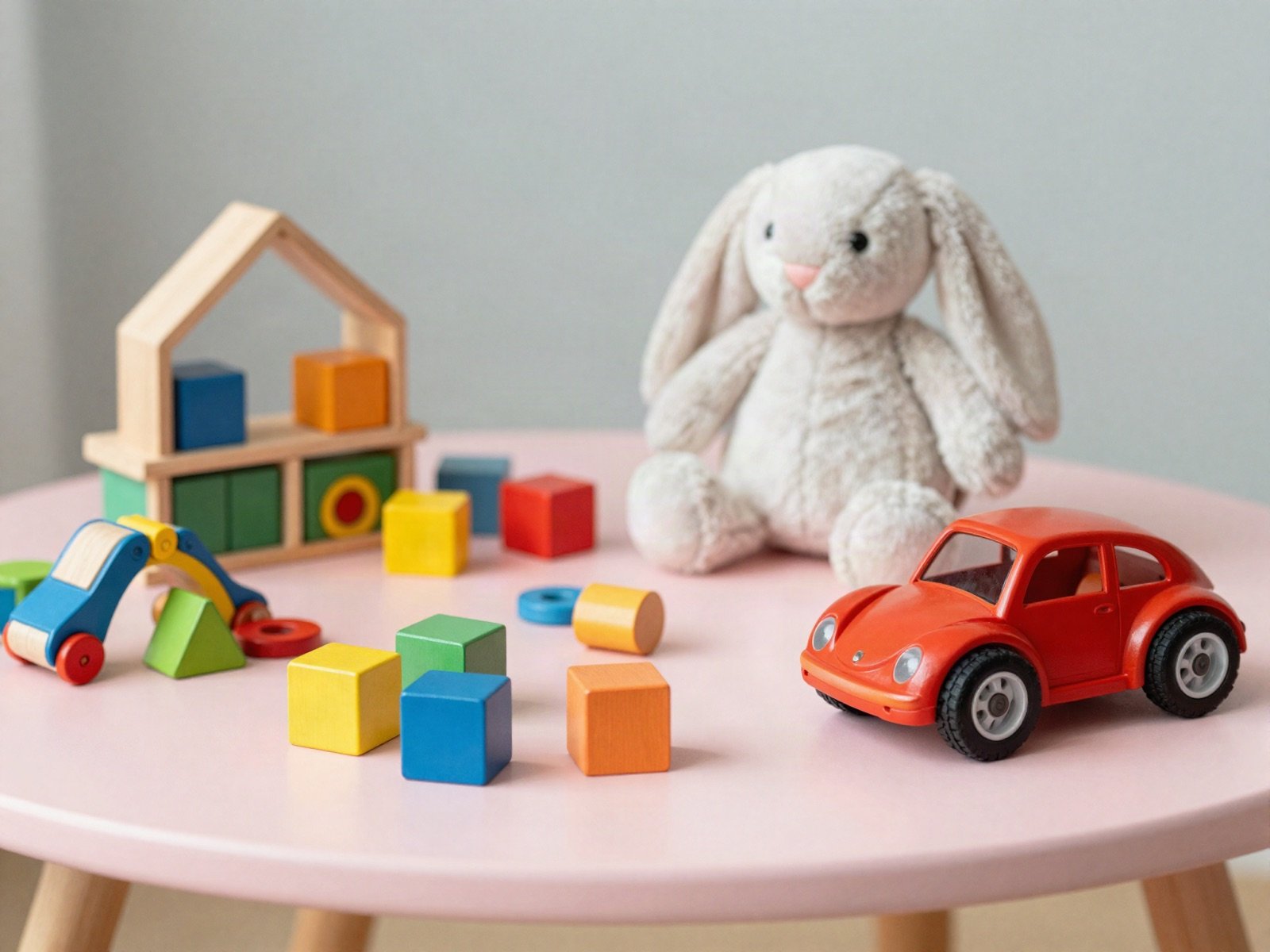 Wooden blocks, a plush bunny and toy cars on a pink table