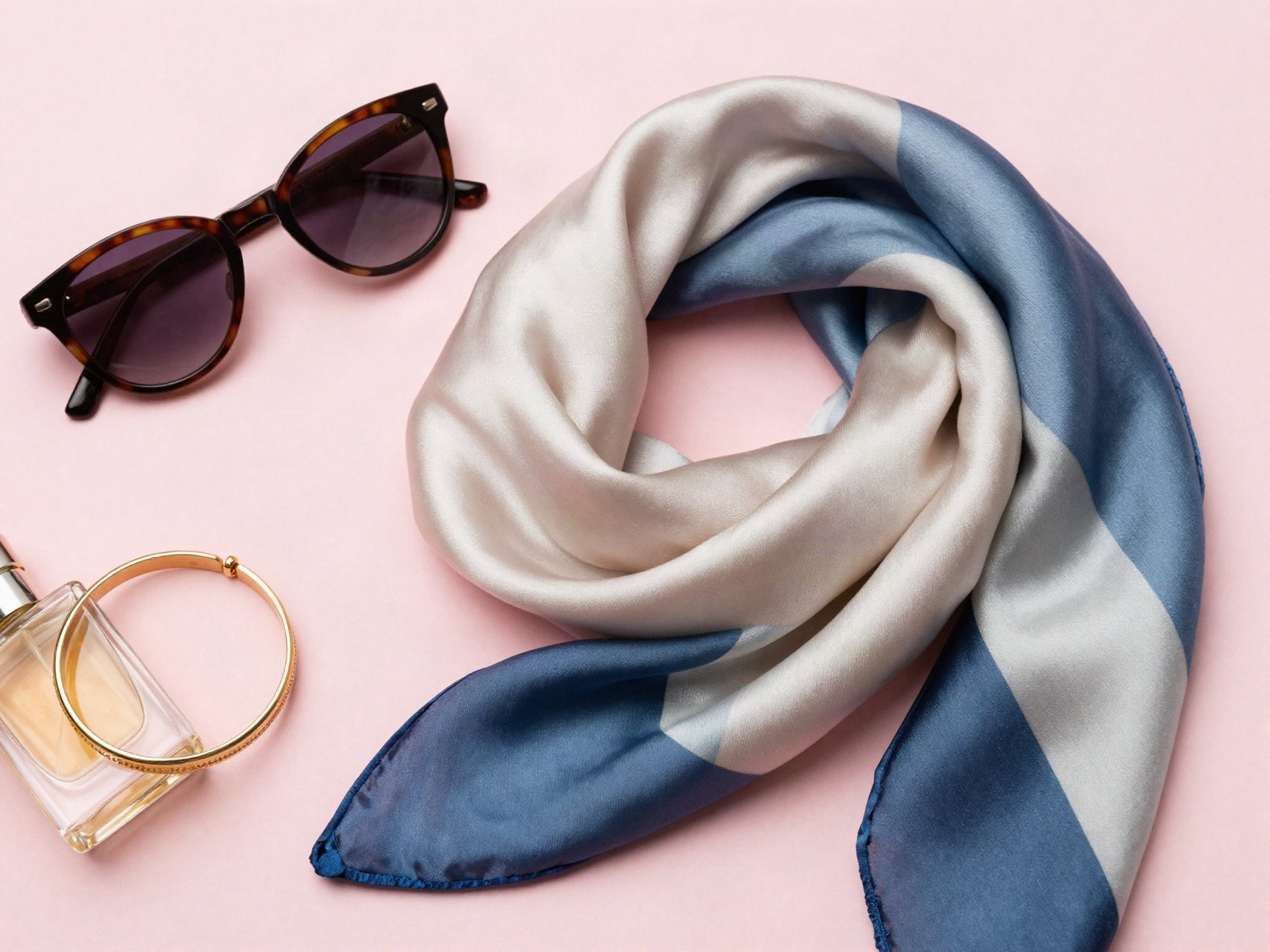 Sunglasses, a gold bracelet, a silk scarf and perfume