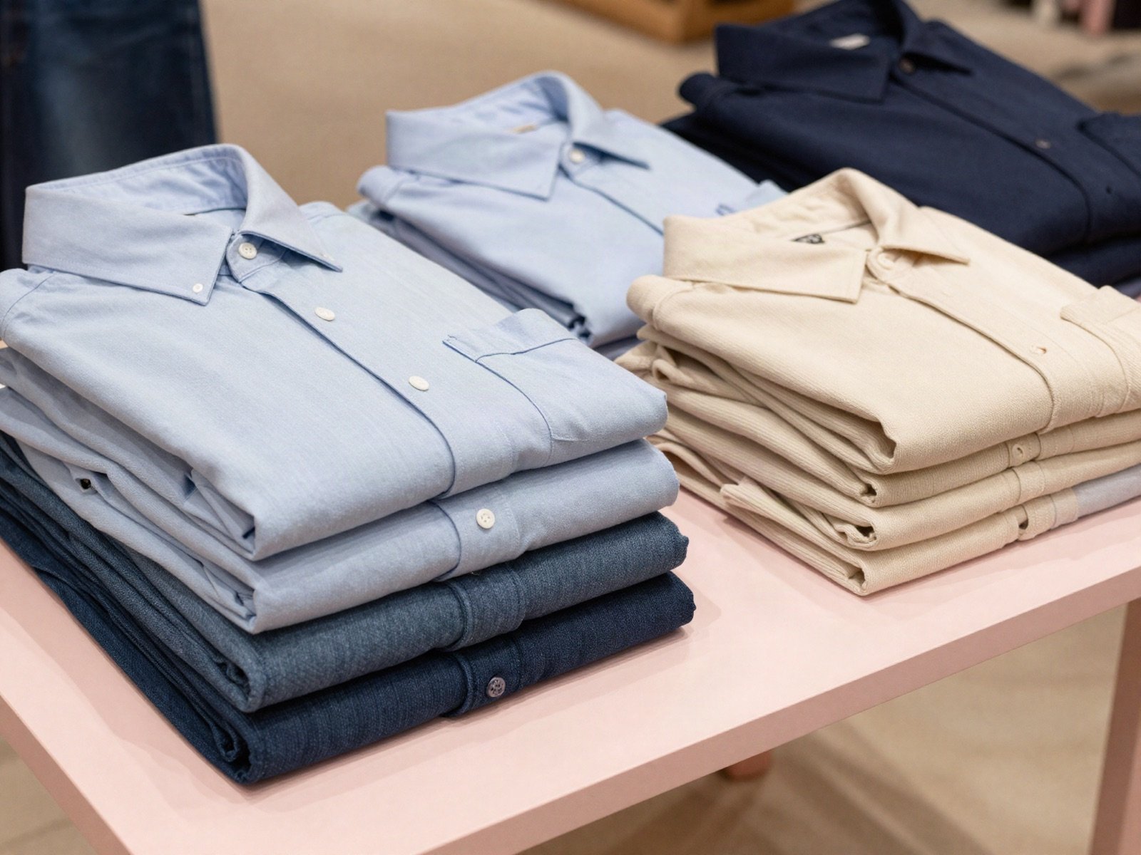 Folded shirts stacked on a boutique table