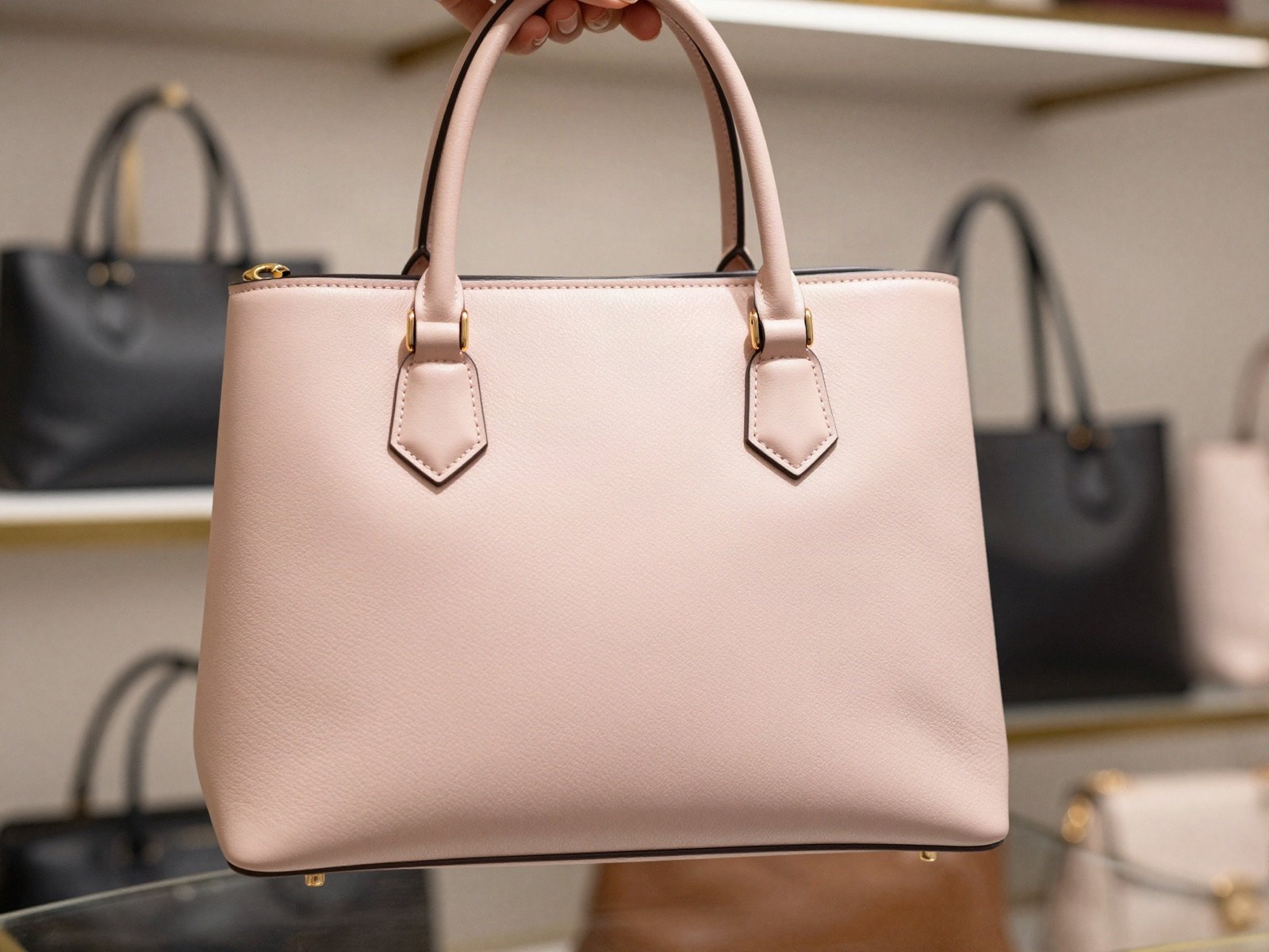 Hand holding a blush pink leather handbag in a boutique