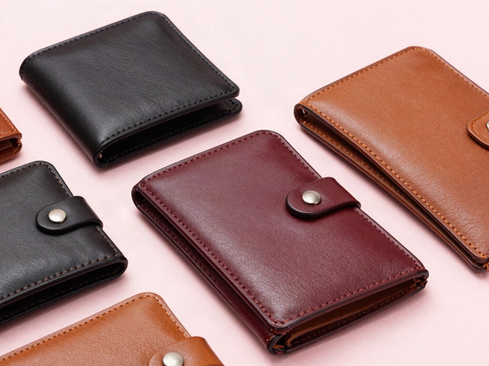 Leather wallets in black, tan and burgundy