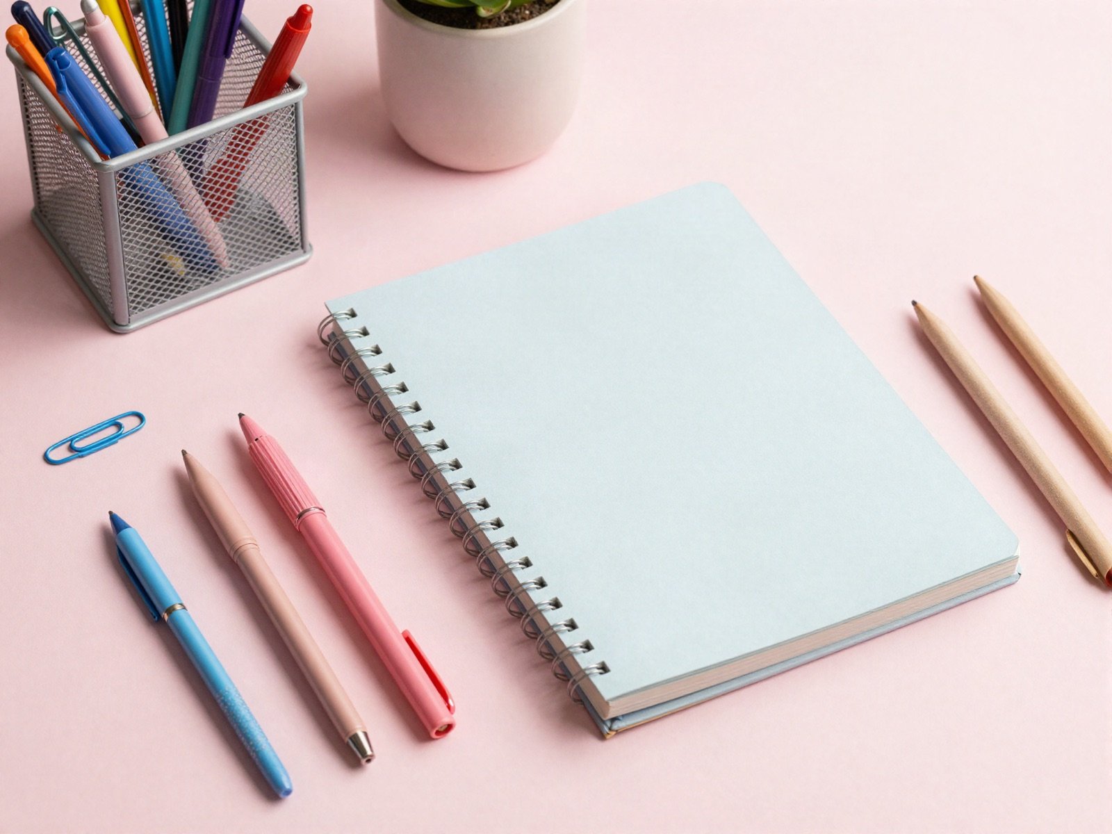 Notebook, pens and a desk organiser