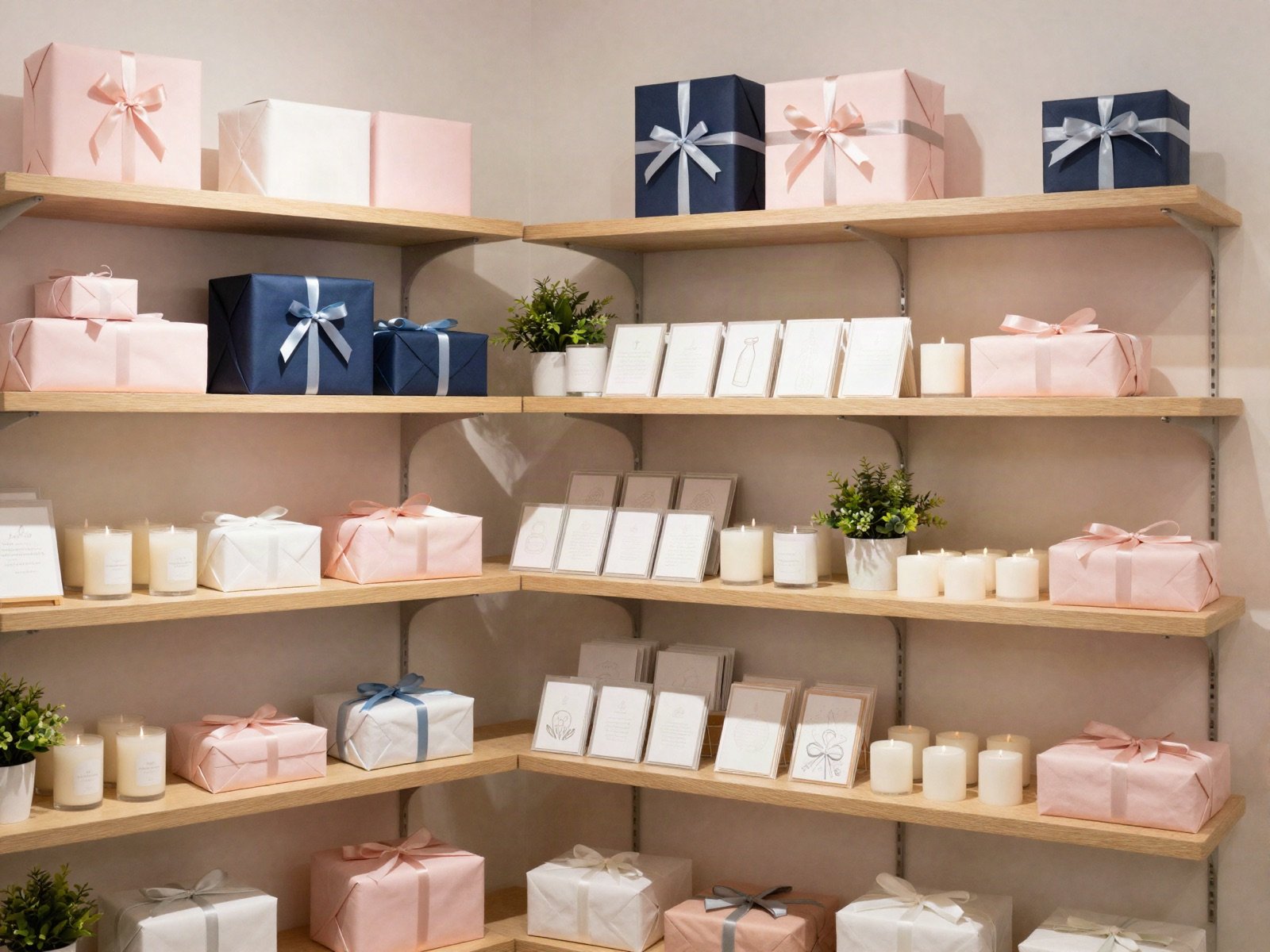 Gift shop shelves with wrapped presents, candles and cards