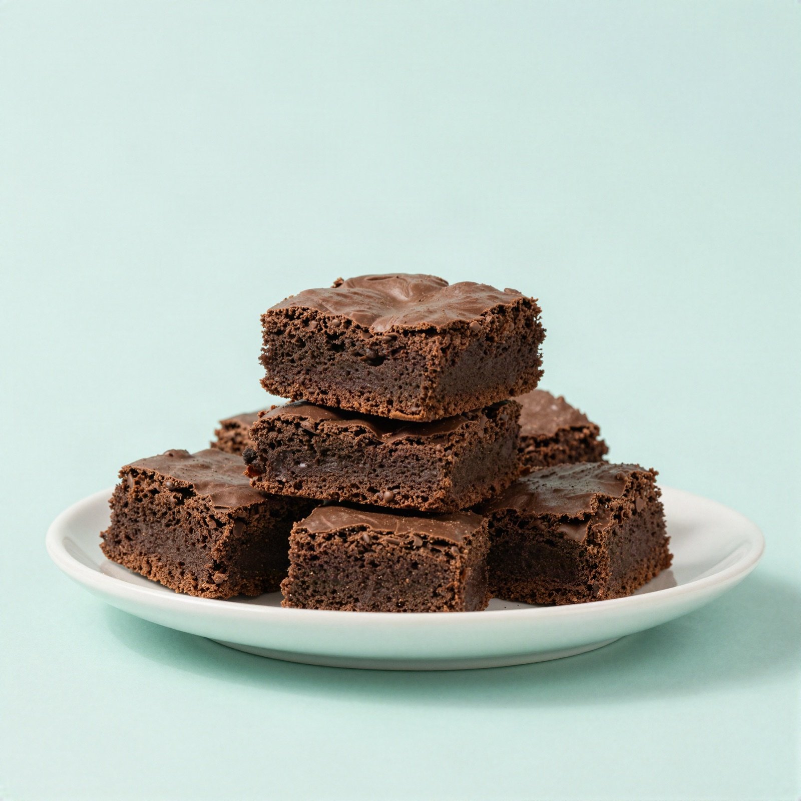 A stack of chocolate brownies on a white plate