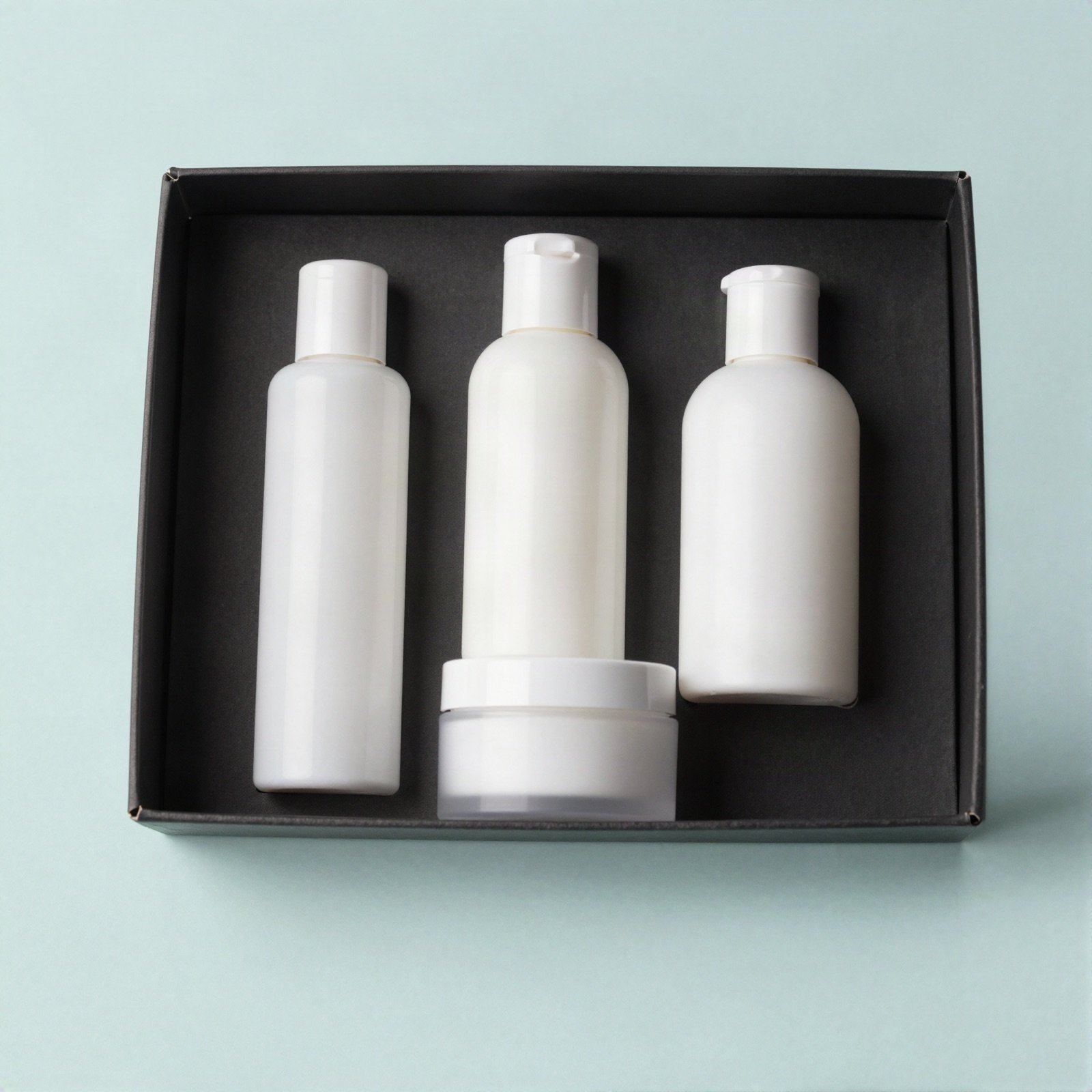 A skin care gift set of white bottles and a jar in a black gift box