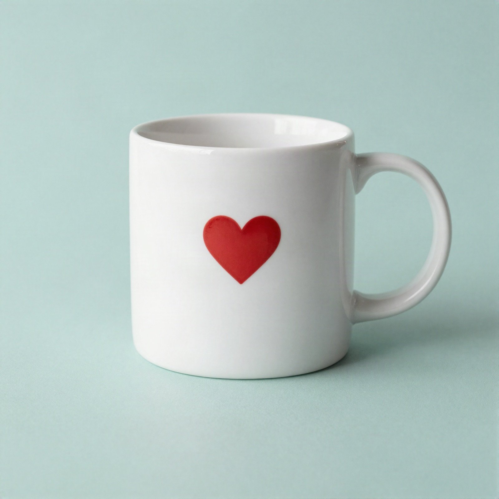 A white ceramic mug with a red heart