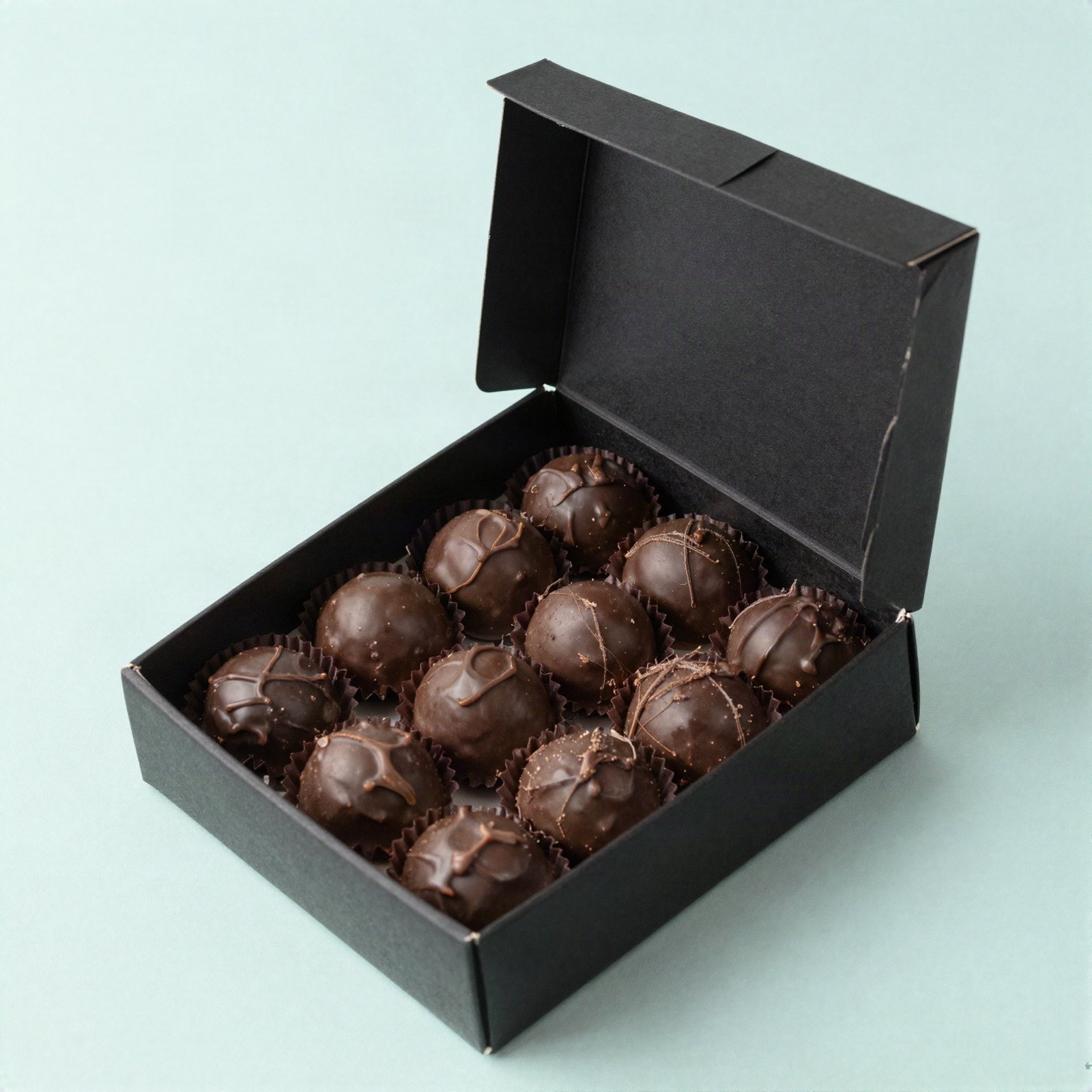 An open black gift box of glossy dark chocolate truffles