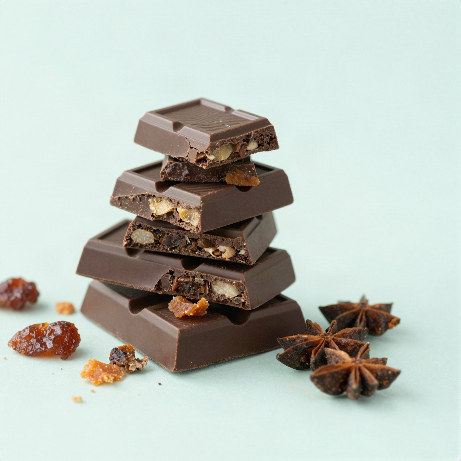 A stack of dark chocolate pieces with dried fruit and star anise