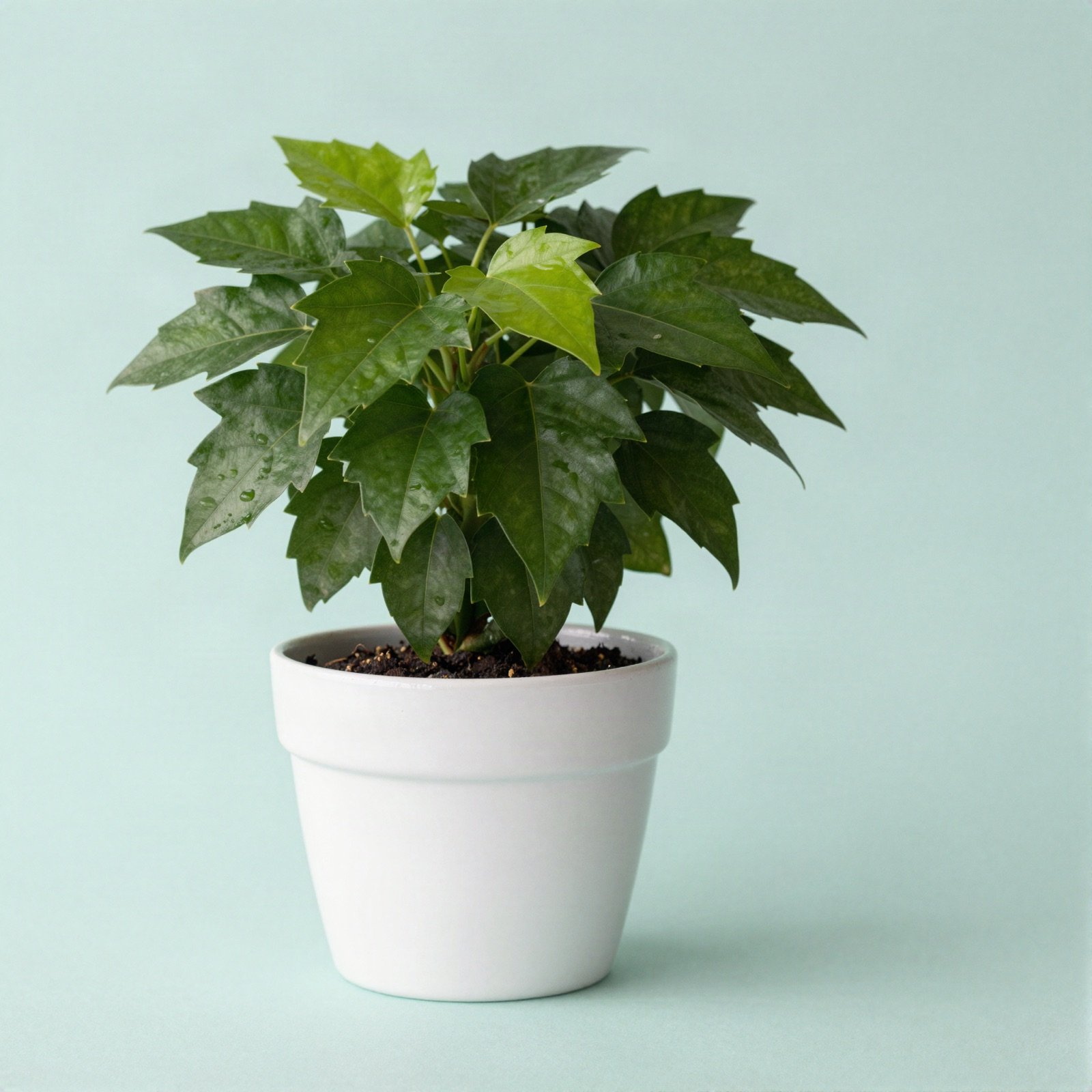 A leafy green houseplant in a white ceramic pot