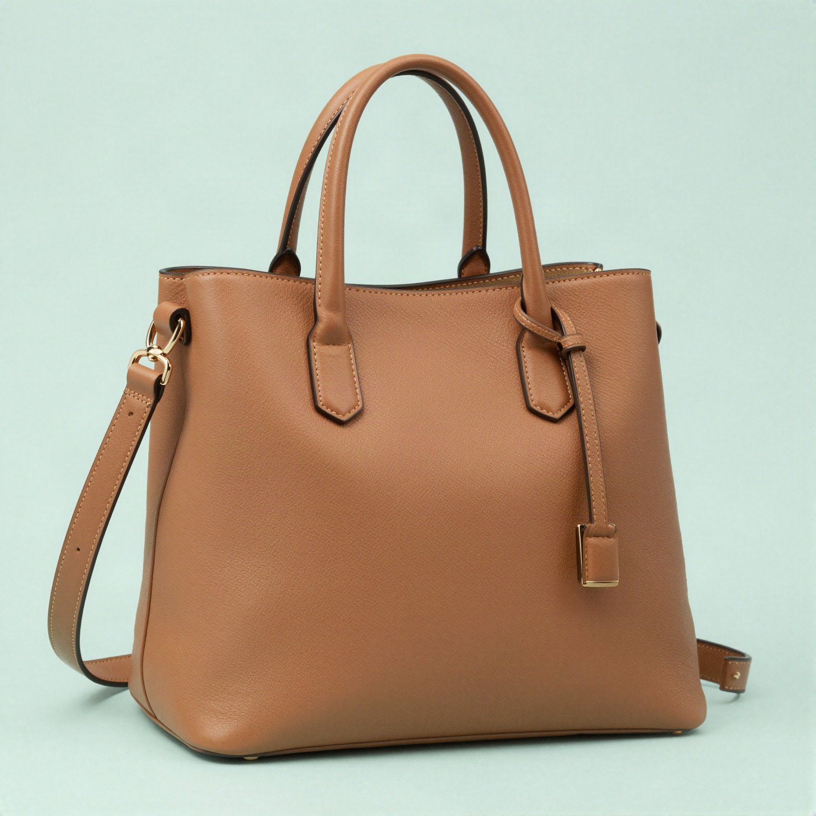 A tan leather handbag with top handles and a shoulder strap