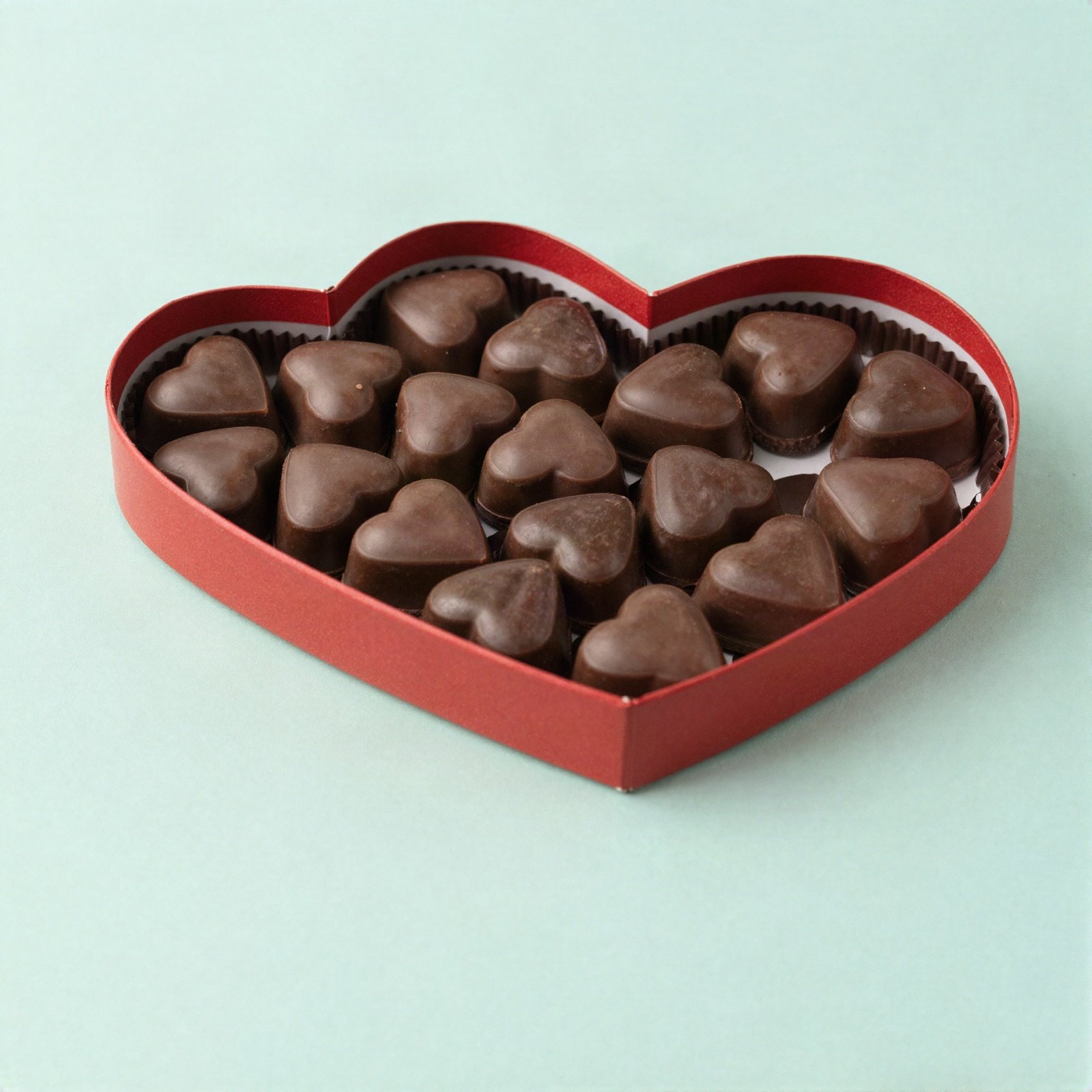 Heart-shaped milk chocolates in a red heart-shaped box