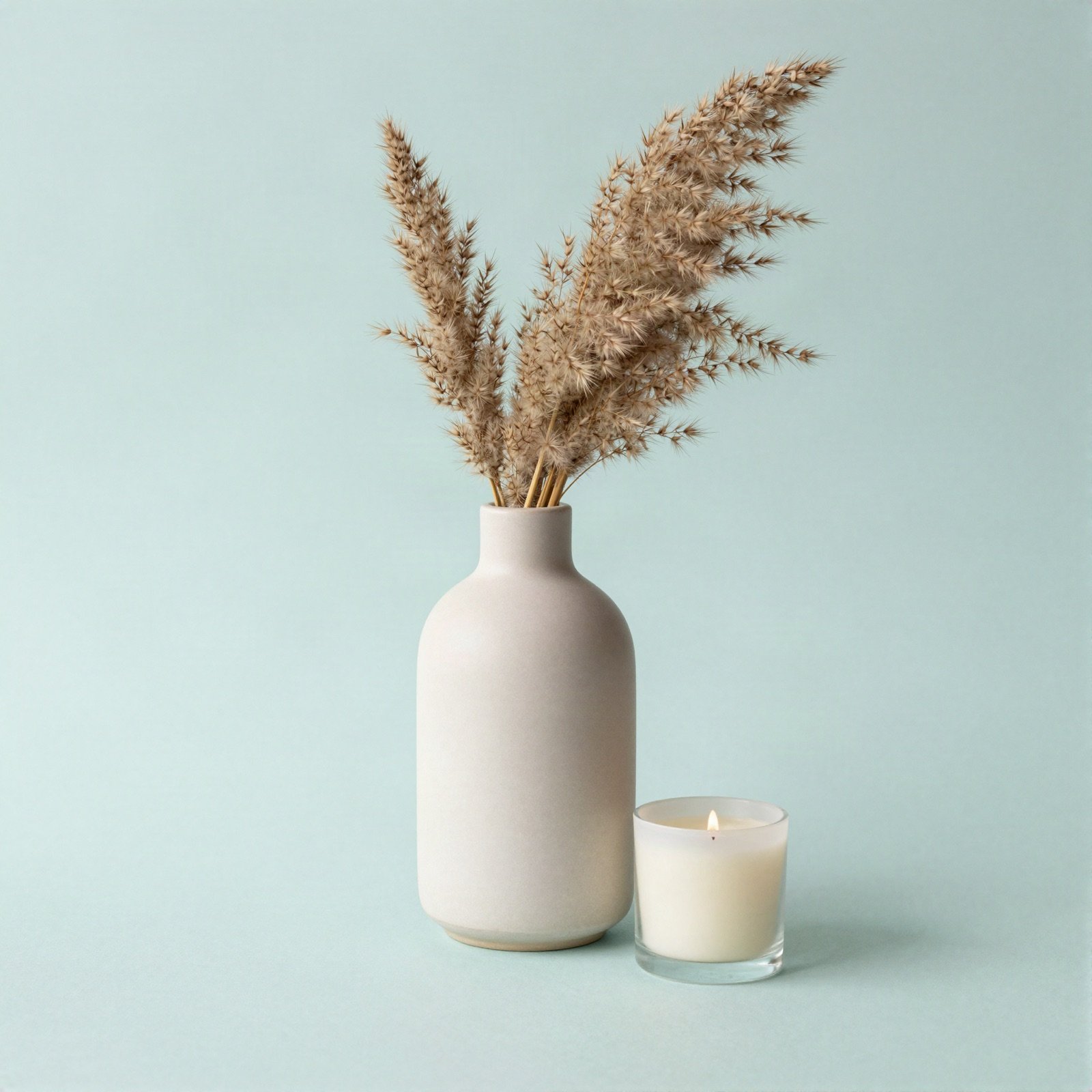 A ceramic vase with dried pampas grass beside a small candle