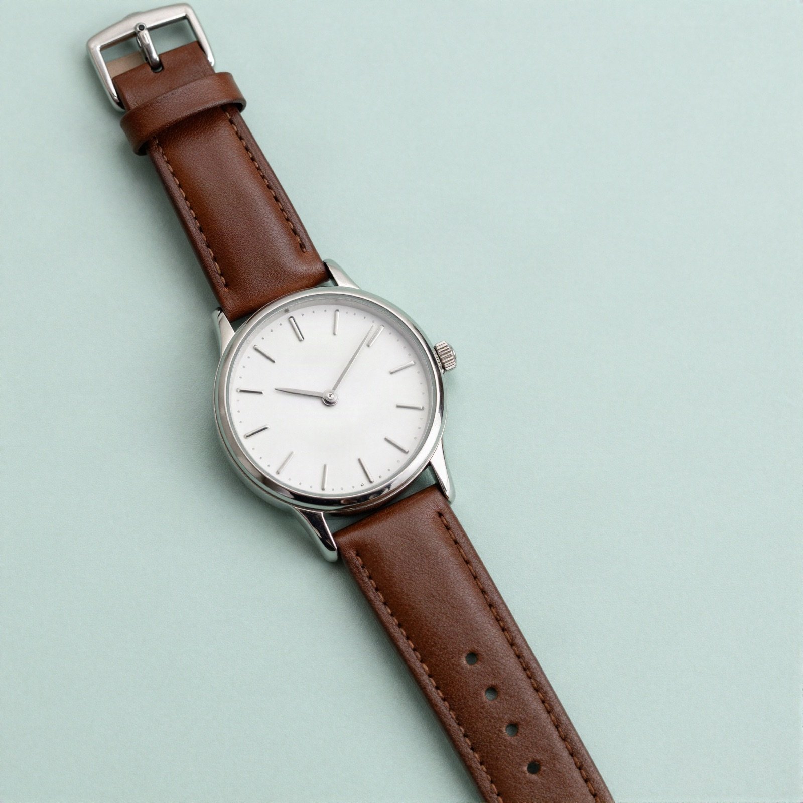 A silver wristwatch with a white dial and brown leather strap