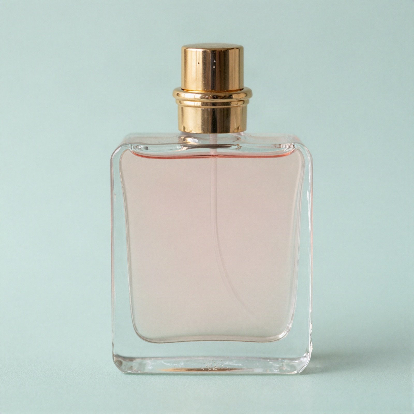 A glass perfume bottle with pale pink liquid and a gold cap