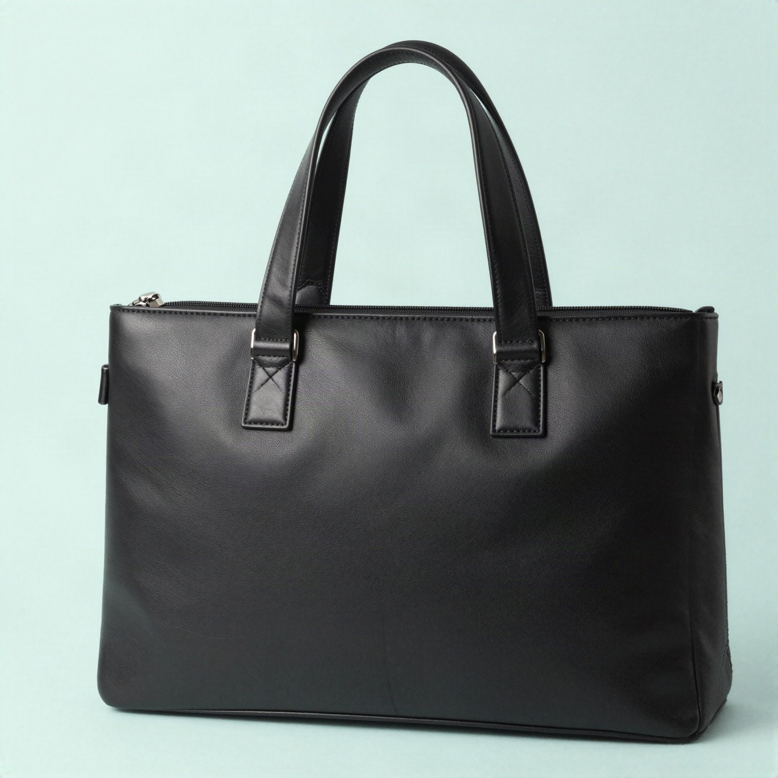A structured black leather office tote bag
