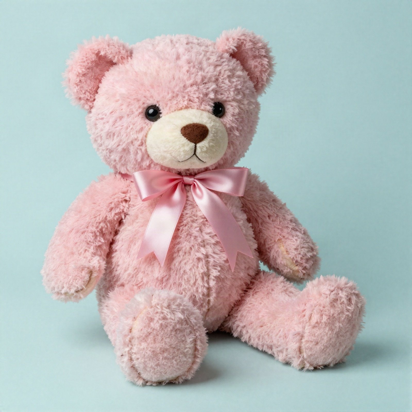 A fluffy pink teddy bear with a satin bow