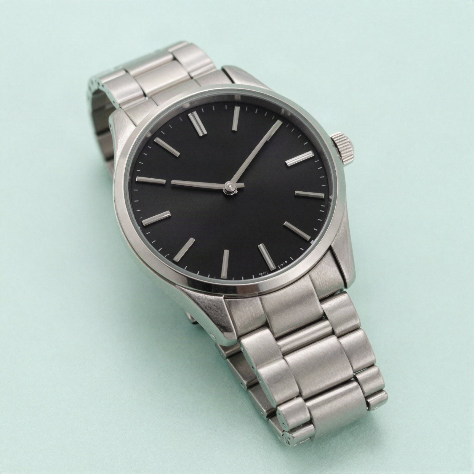 A silver wristwatch with a black dial and metal link bracelet