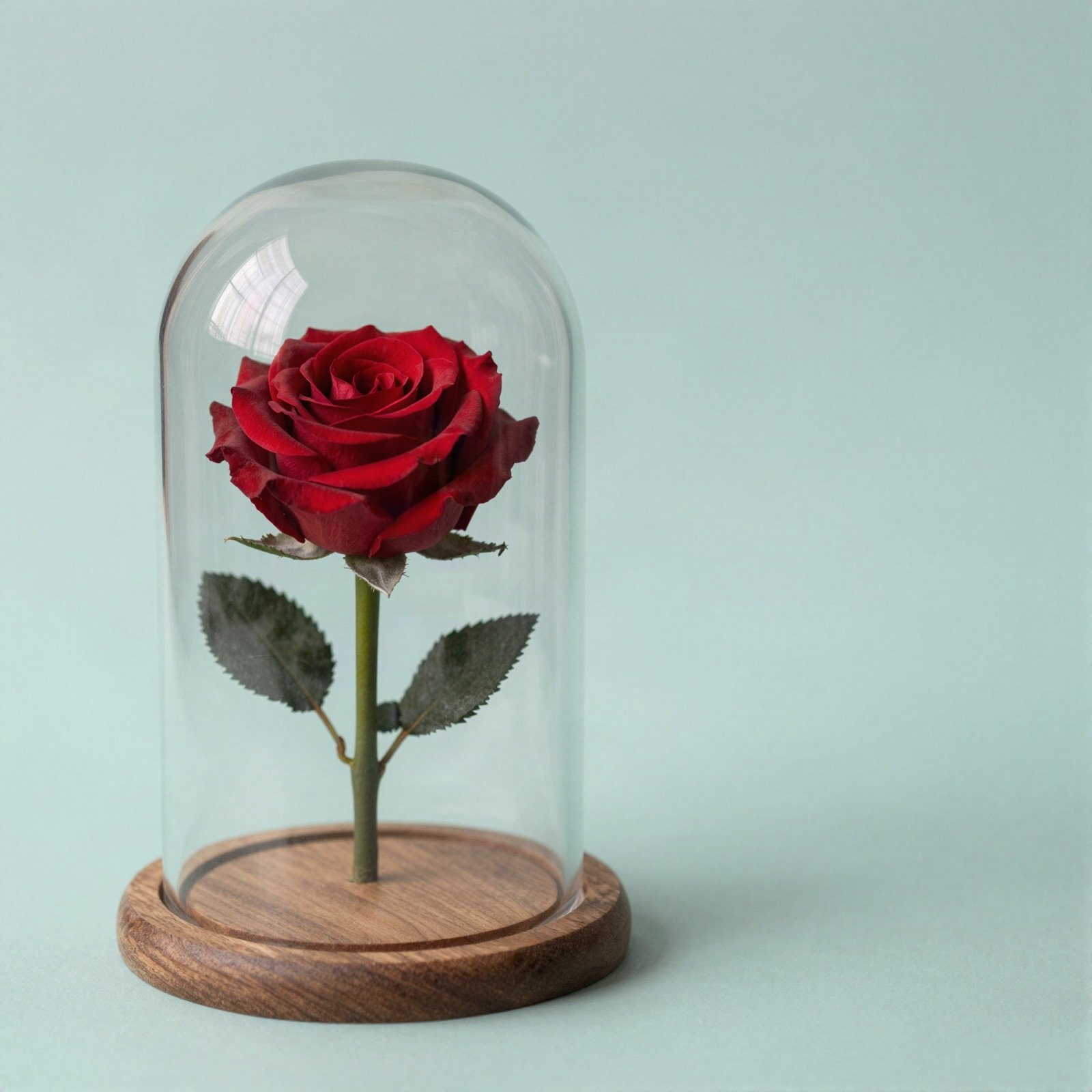 A preserved red rose under a glass dome on a wooden base