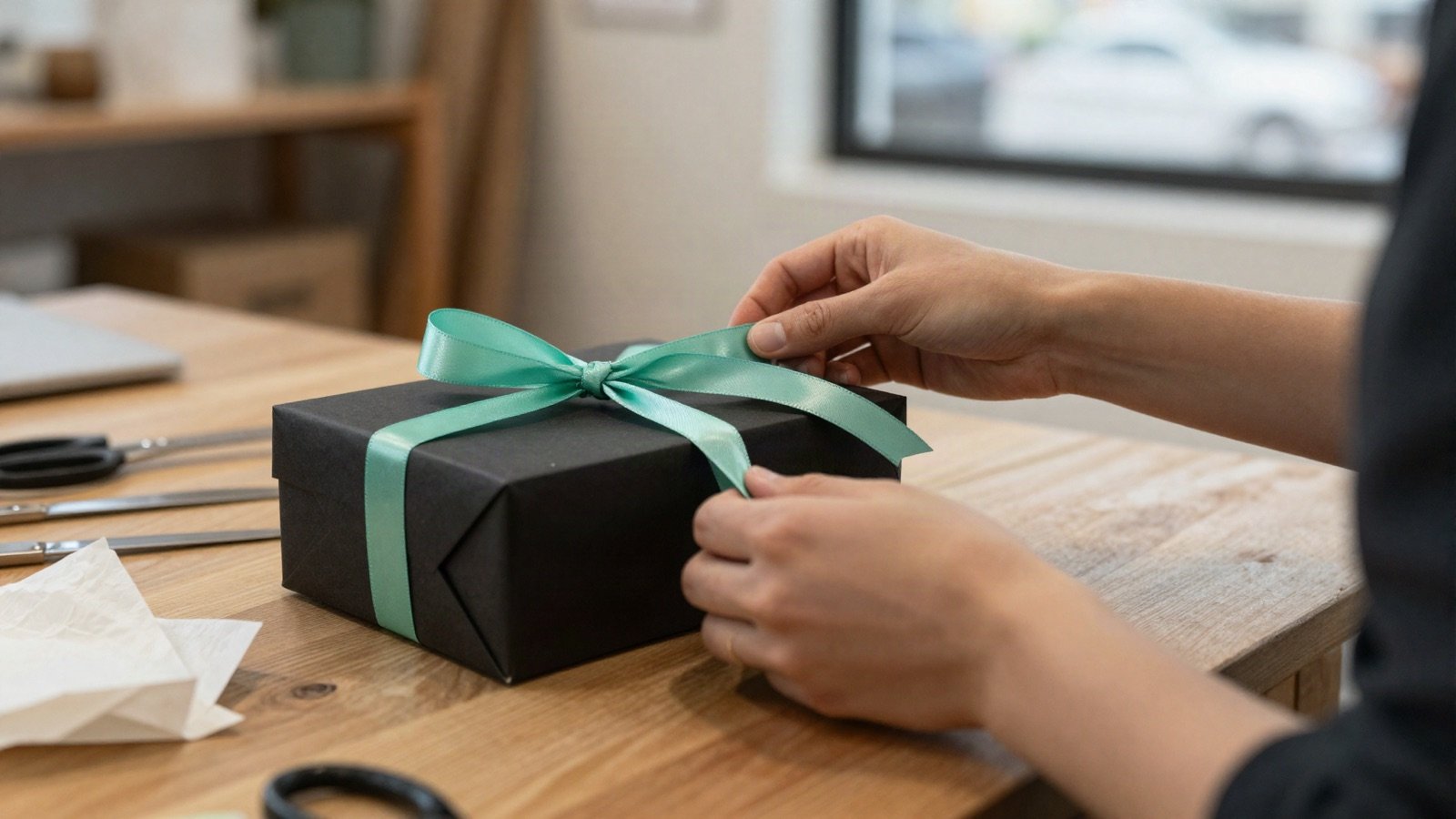 Hands tying a mint ribbon around a black gift box on a wooden table