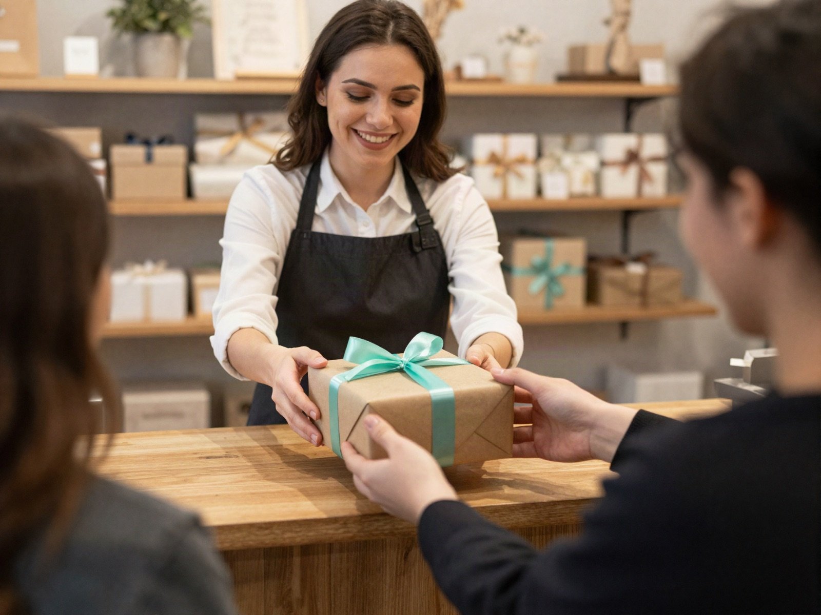 A smiling shop assistant handing a wrapped gift across the counter to a customer