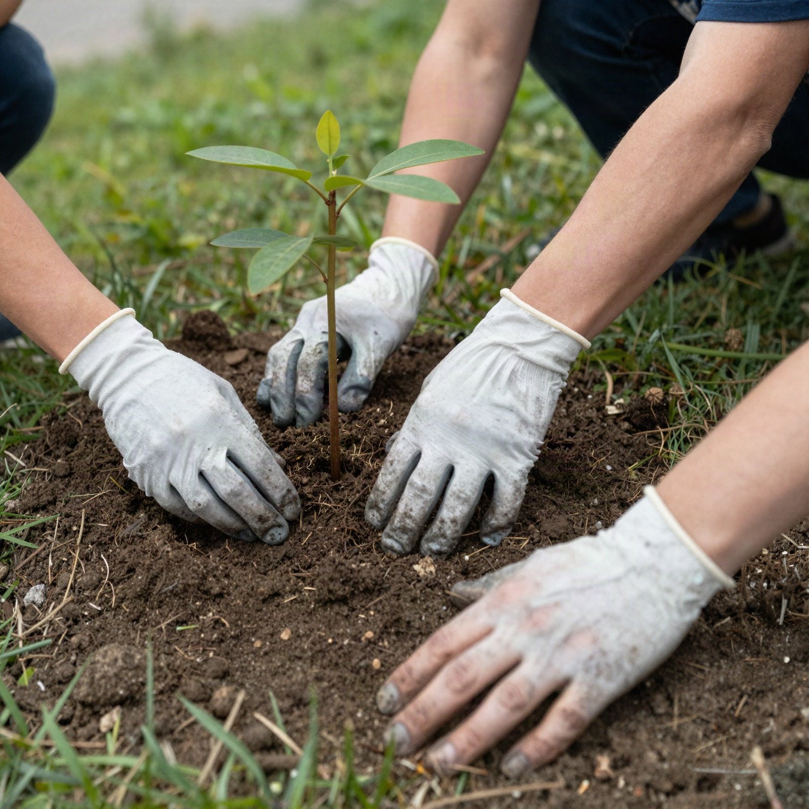 Gloved hands of volunteers planting a young tree sapling in fresh soil